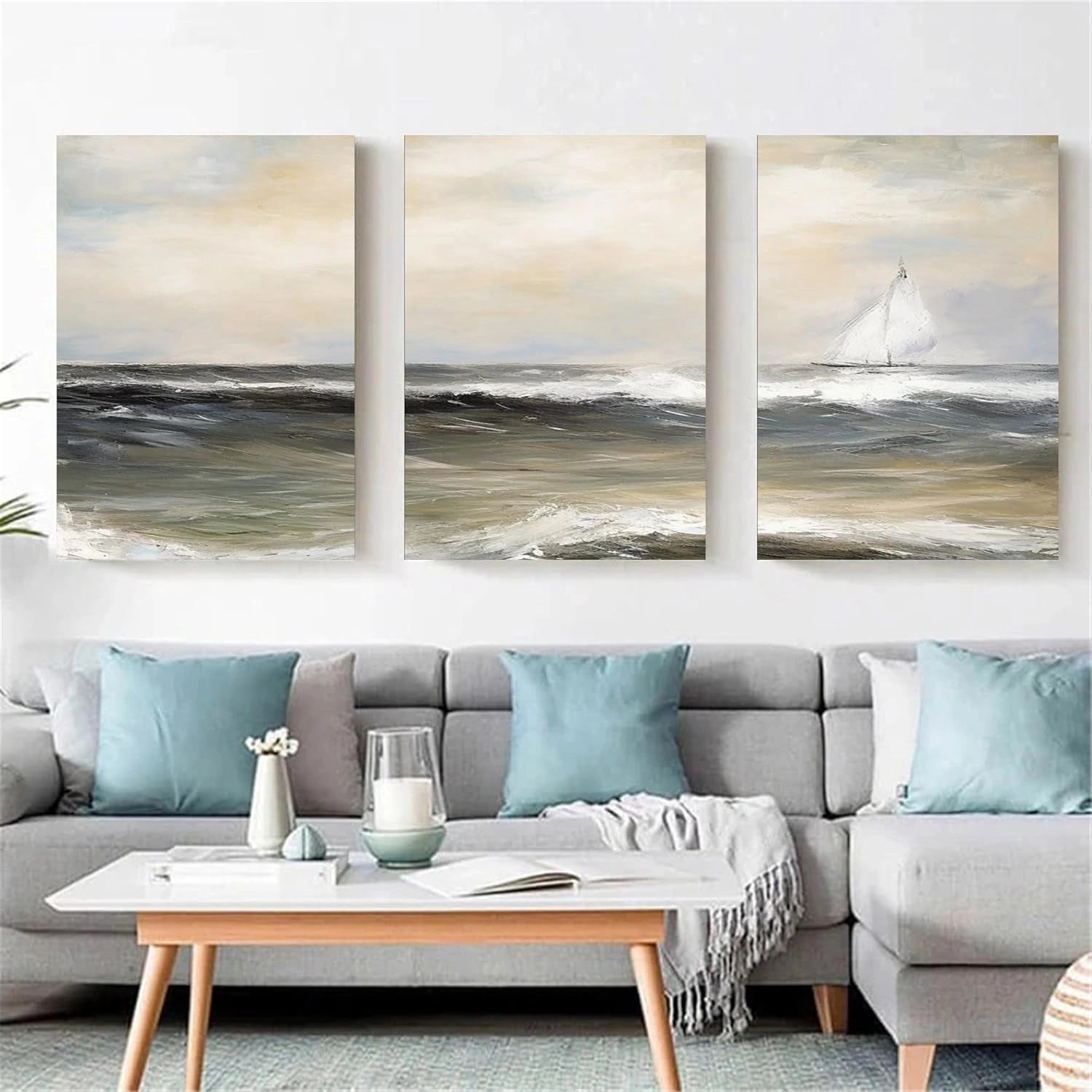 Ocean and Sky Painting Set of 3 - Coastal Wall Art for Living Room, Bedroom & Office Decor | Modern Abstract Seascape Canvas Prints