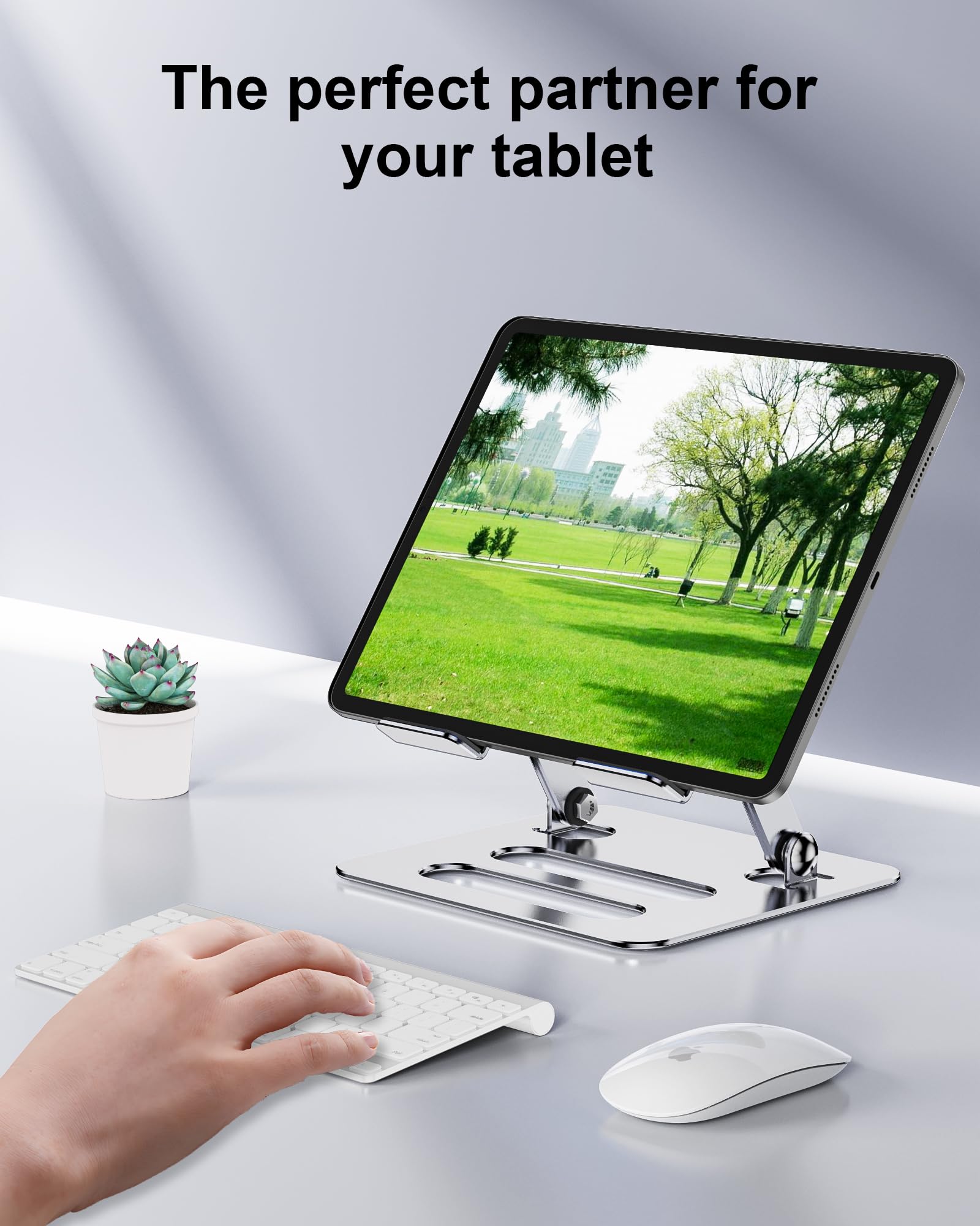 Adjustable Aluminum Tablet Stand Holder for iPad Pro/Air/Mini, Kindle & 4.7-12.9 Inch Tablets - Foldable & Portable Desk Stand for Work, Travel & Home Use (Silver)
