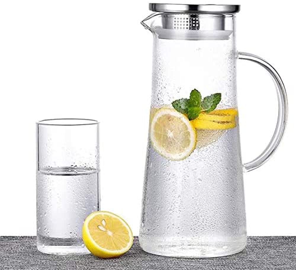1.5 Liter Glass Jug with Lid - Durable Hot & Cold Beverage Pitcher for Water, Iced Tea, Coffee, Milk, Juice - Perfect for Home, Office, Picnics & Outdoor Activities