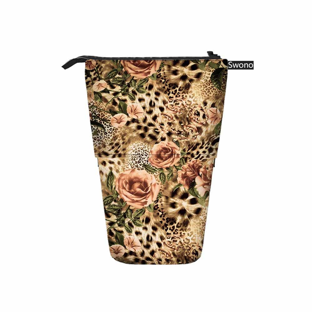 Swono Striped Leopard Pencil Case - Flower Rose Design Stand Up Makeup Organizer - Colorful Pouch for School, Office & Travel (Perfect Gift Idea)