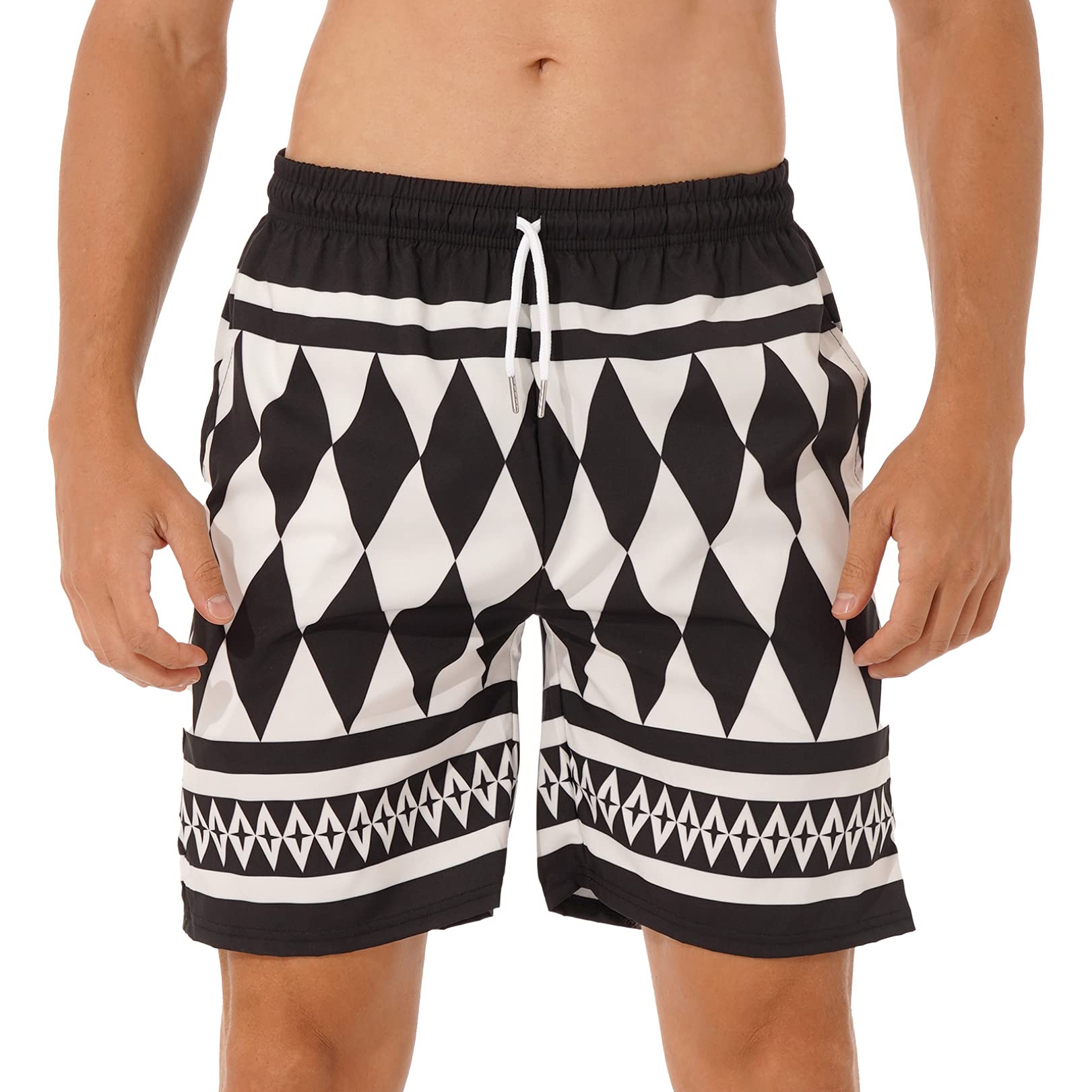 FEESHOW Men's Geometric Print Sweat Shorts - Breathable Loose Fit Gym Shorts for Running, Workout & Beach | Quick-Dry Athletic Shorts for Sports & Casual Wear