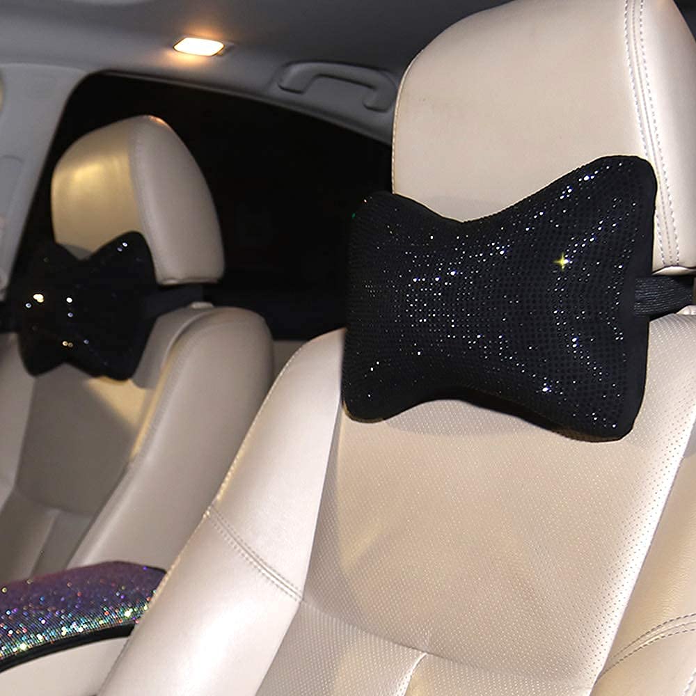 2Pcs Car Neck Pillow for Drivers - Black Diamond Bling Neck Rest Cushion for Car Seats - Comfortable Headrest Support for Long Drives (Perfect Road Trip & Commuting Accessory for Men & Women)