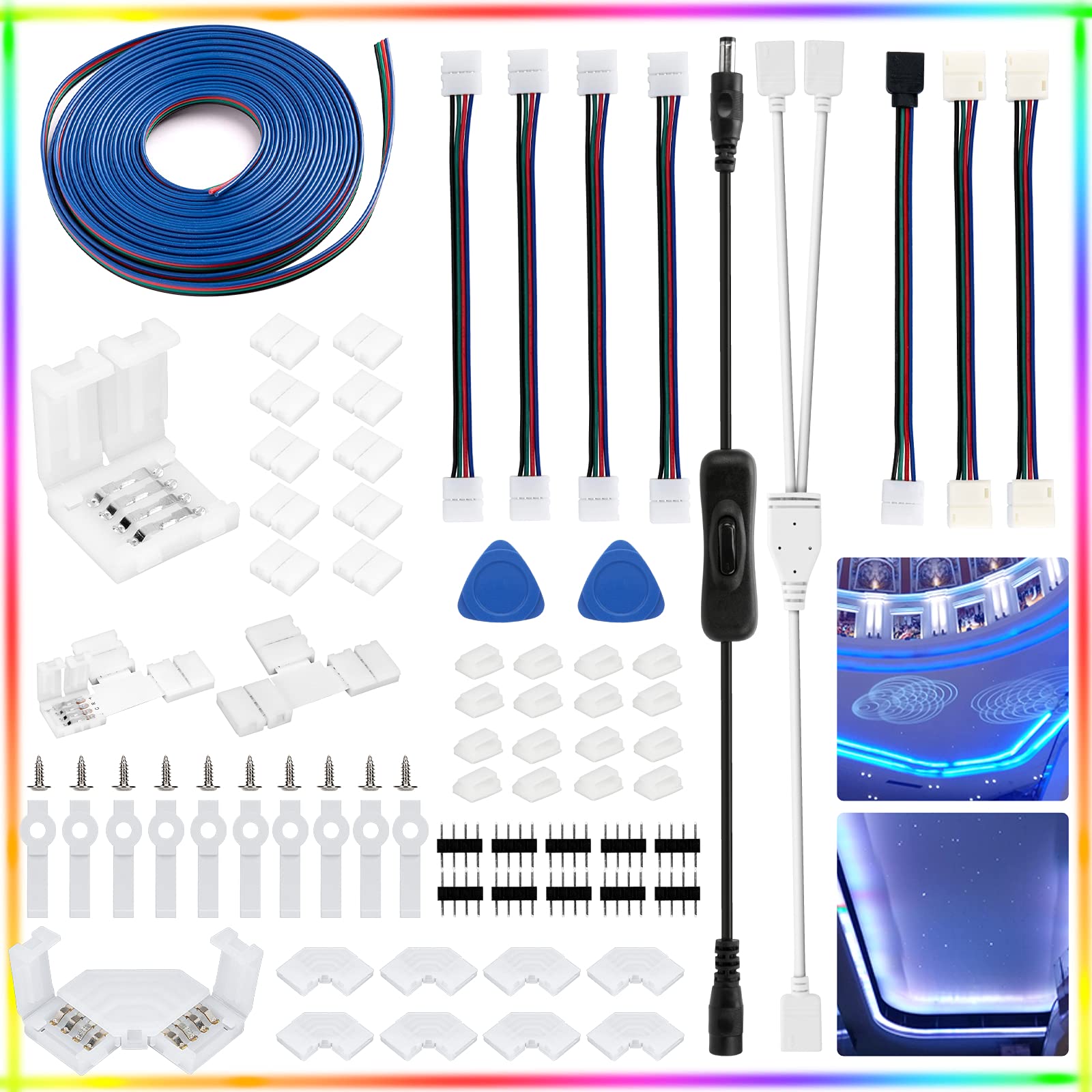 69-Pack LED Strip Connector Kit - 12 Types Solderless 4-Pin Connectors for 5050 10mm LED Light Strips (5V/12V/24V) - Perfect for DIY Home Lighting, Cabinet Illumination & Decorative LED Projects