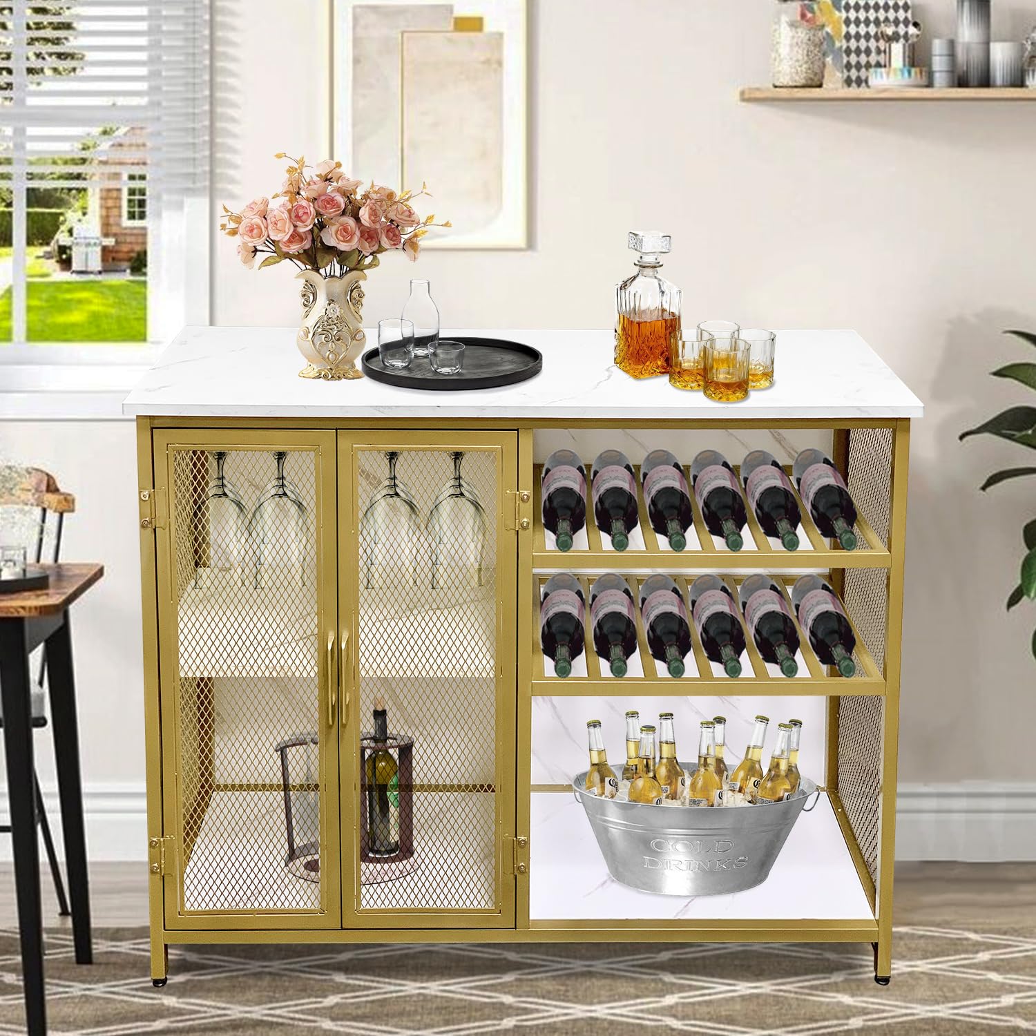 AT-VALY Bar Cabinet with Wine Rack & Glass Holder - Small Buffet Sideboard with Mesh Doors, Gold Finish - Perfect for Home Bar, Dining Room & Kitchen Storage