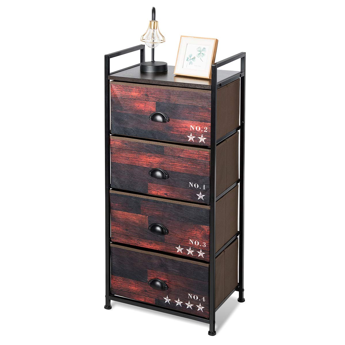 Tangkula 4-Drawer Vertical Storage Tower - Industrial Wood Look Dresser with Fabric Drawers & Steel Frame for Bedroom, Closet & Entryway Organization | Freestanding Retro Cabinet for Small Spaces & Apartment Living