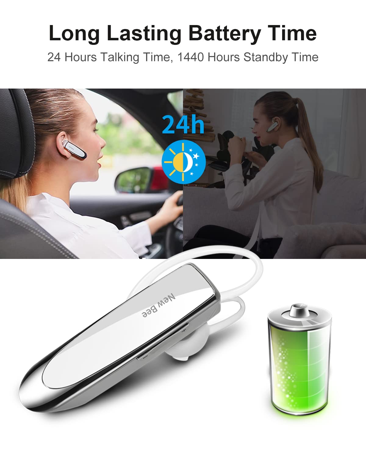 2 Pack Bluetooth 5.0 Wireless Earpiece - 24H Battery Life, 60 Days Standby - Hands-Free Headset for iPhone, Android, Laptop - Perfect for Truck Drivers, Office Work & Online Meetings (White)
