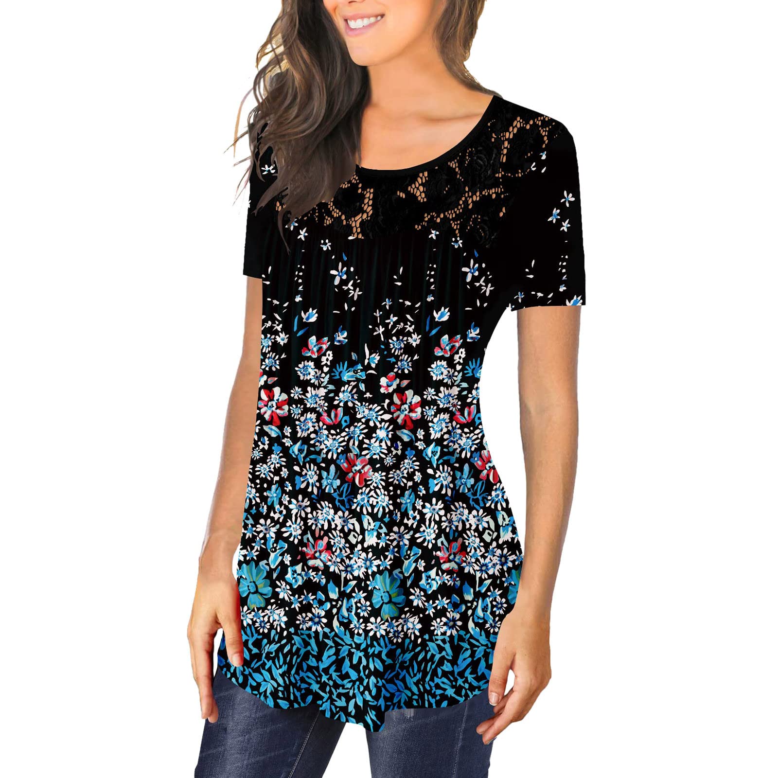 Women's Casual Tunic Tops - Short Sleeve Flare Summer Blouse with Lace Detail | Stretchy Tech Fabric | Perfect with Leggings for Yoga, Workout & Everyday Wear