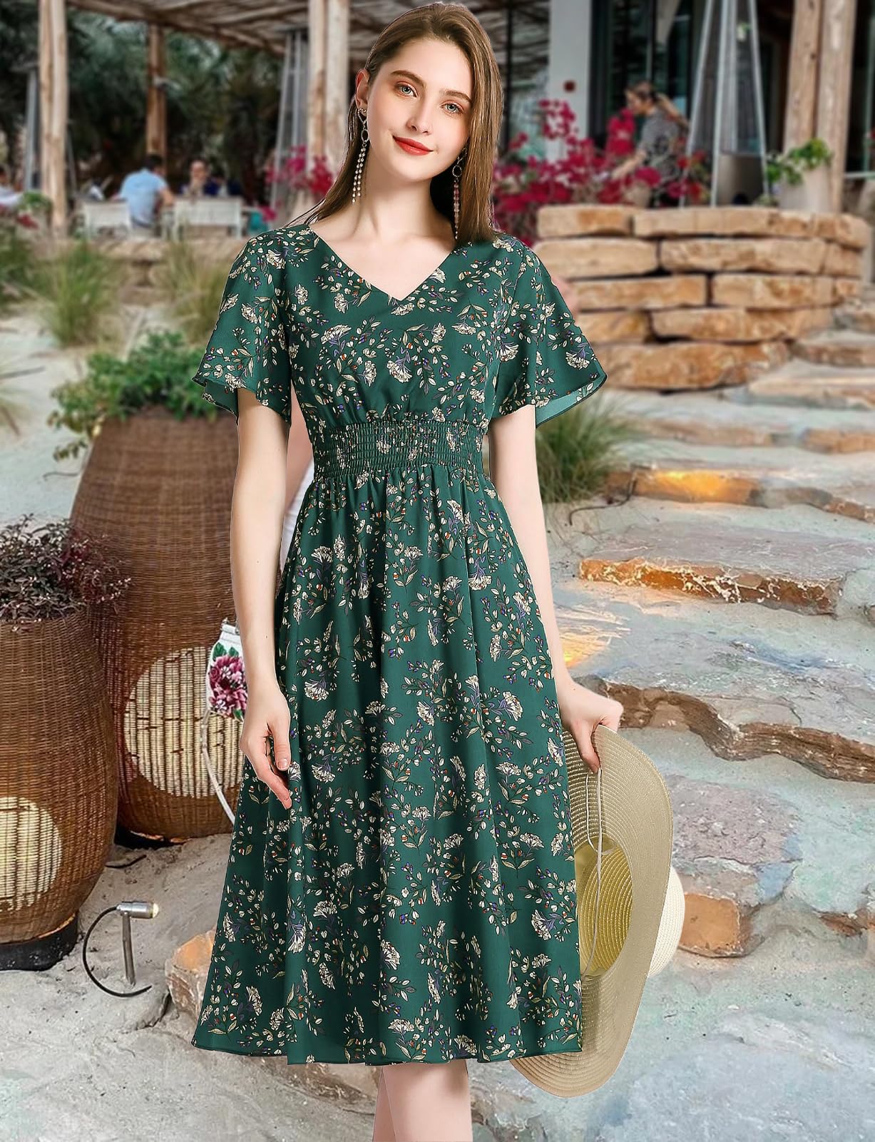 Gardenwed Women's Floral Chiffon Summer Dress - Elastic Waist Beach Sundress for Outdoor Parties, Vacations & Casual Wear