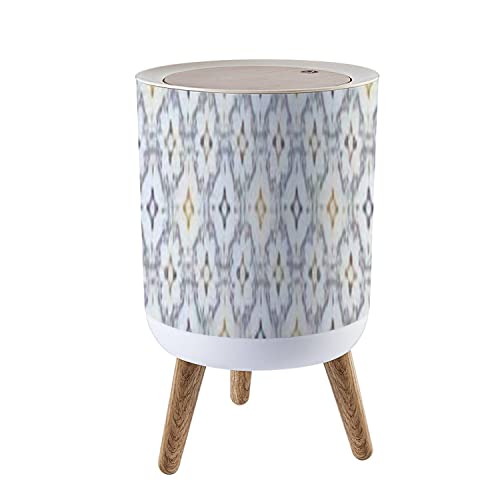 French Cream Linen Shabby Chic Wood Trash Can with Lid - 7L/1.8 Gallon Seamless Ornate Medallion Border Waste Bin for Kitchen, Bathroom, Bedroom | Press Cover Garbage Bin for Home, Office & Dorm Decor