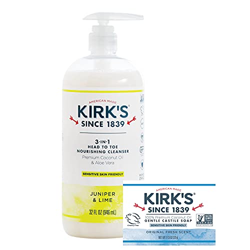 Kirk's 3-in-1 Castile Liquid Soap & Travel Bar Soap (32oz + 1.13oz) | Natural Head-to-Toe Cleanser for Shampoo, Face & Body Wash | Juniper Lime Scented | Men, Women & Kids | Perfect for Travel, Gym & Daily Hygiene