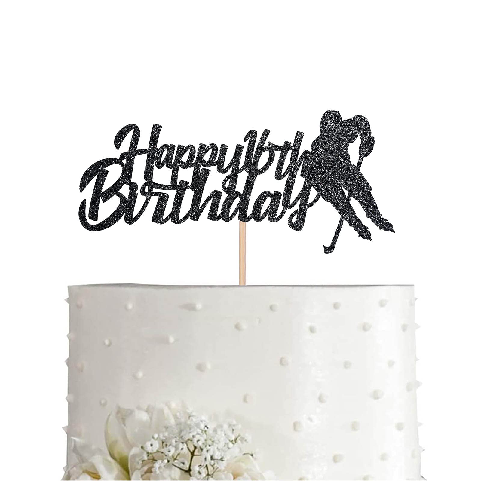Black Glitter 16th Birthday Cake Topper - Hockey Theme Party Decor for Sweet 16 Celebrations | Perfect for Birthday Cakes, Cupcakes & Dessert Tables