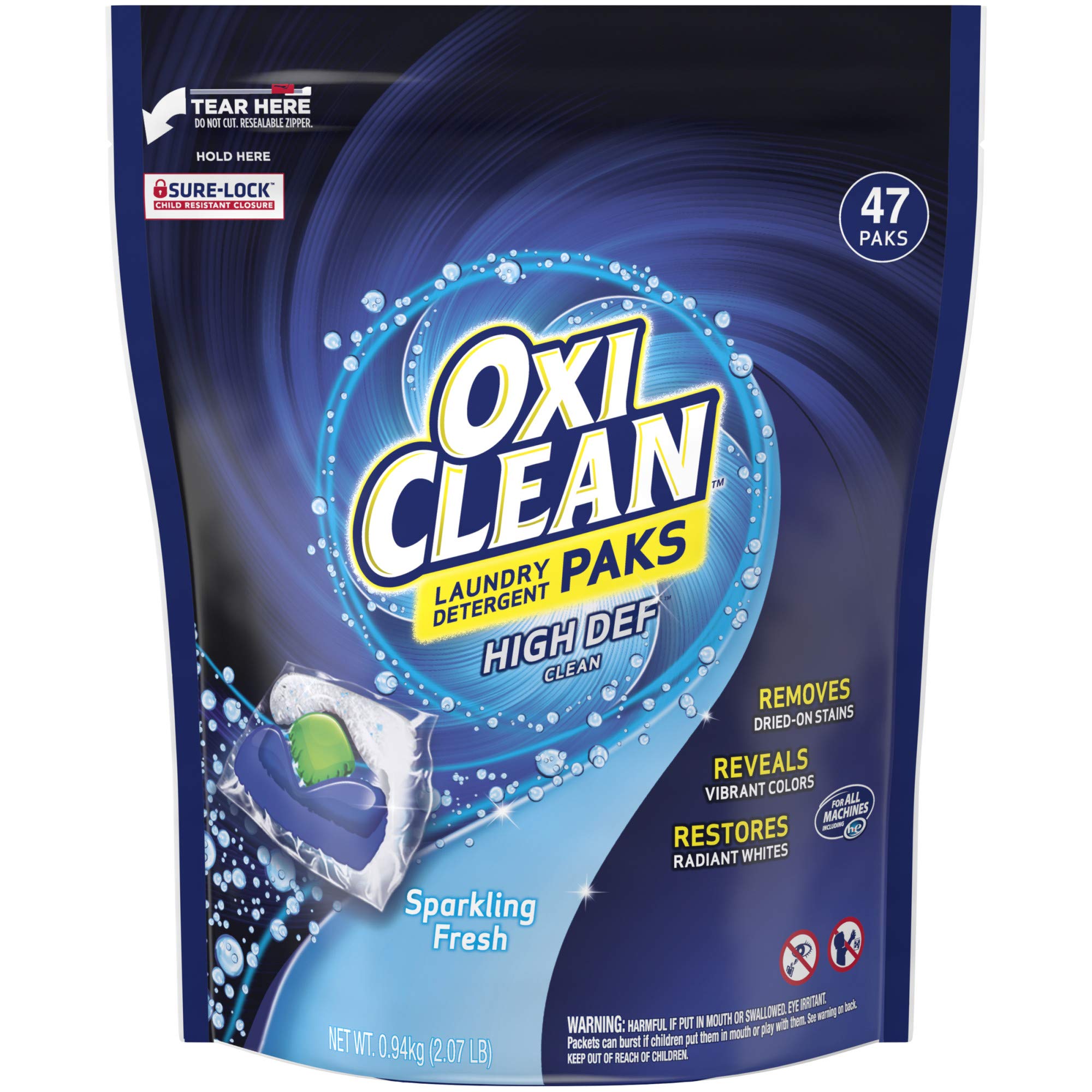 OxiClean High Definition Clean Sparkling Fresh Laundry Detergent Pods, 47 Count - Powerful Stain Remover for Whites & Colors, Perfect for HE & Standard Washing Machines