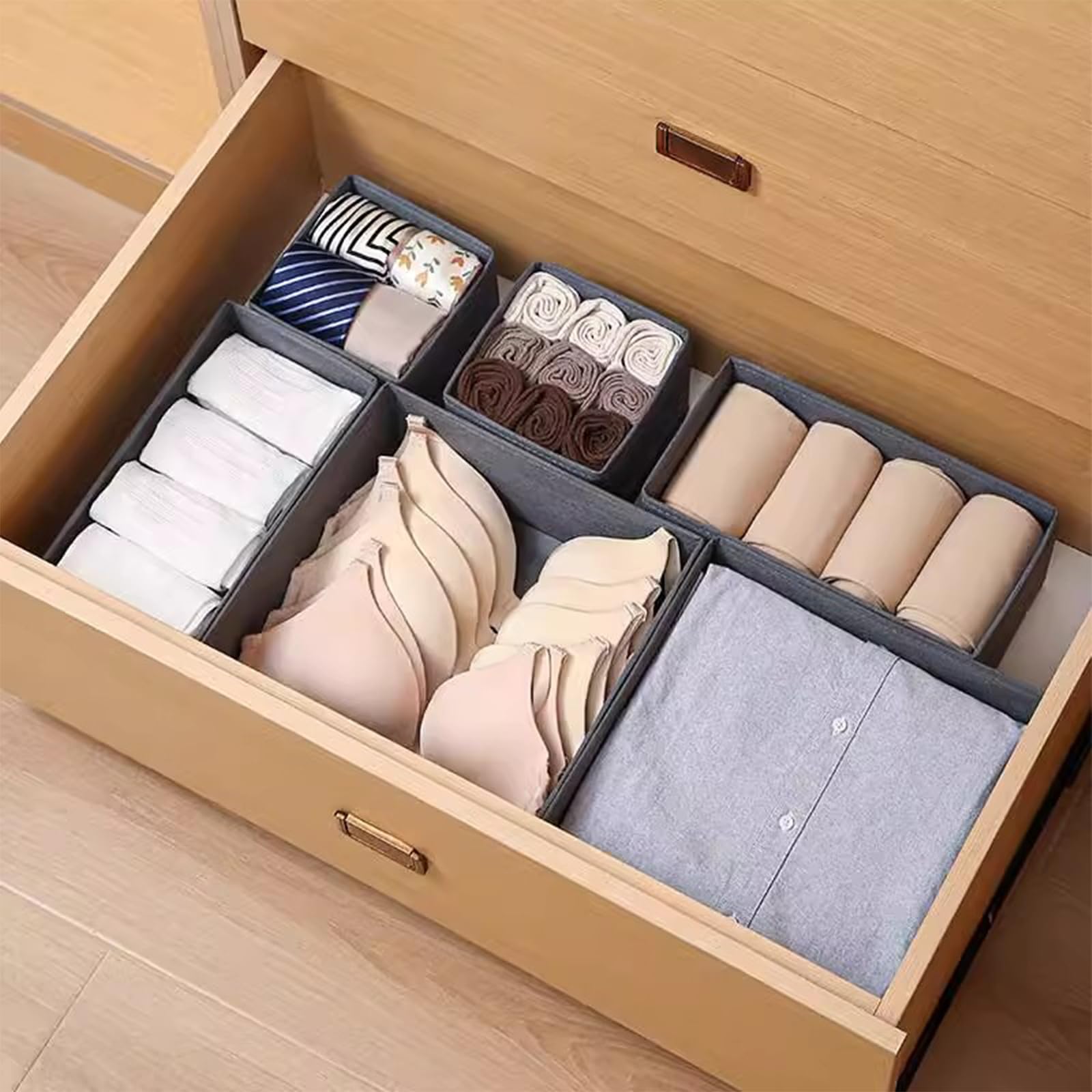 ShellKingdom 6-Pack Foldable Closet Organizer Bins - Fabric Storage Cubes for Underwear, Bras, Socks & Accessories | Space-Saving Drawer Dividers & Wardrobe Organizers (Grey) - Perfect for Bedroom, Closet & Travel Storage Solutions