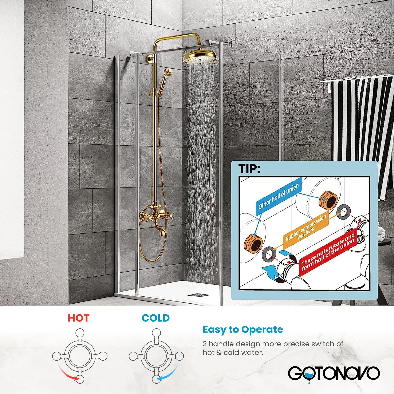 Gotonovo 8 Inch Round Rain Shower Head with Double Cross Handle & Tub Spout - Polished Gold Wall Mount Bathroom Faucet Mixer - 3 Function Metal Handheld Sprayer - Perfect for Modern Bathroom & Spa-Like Shower Experience
