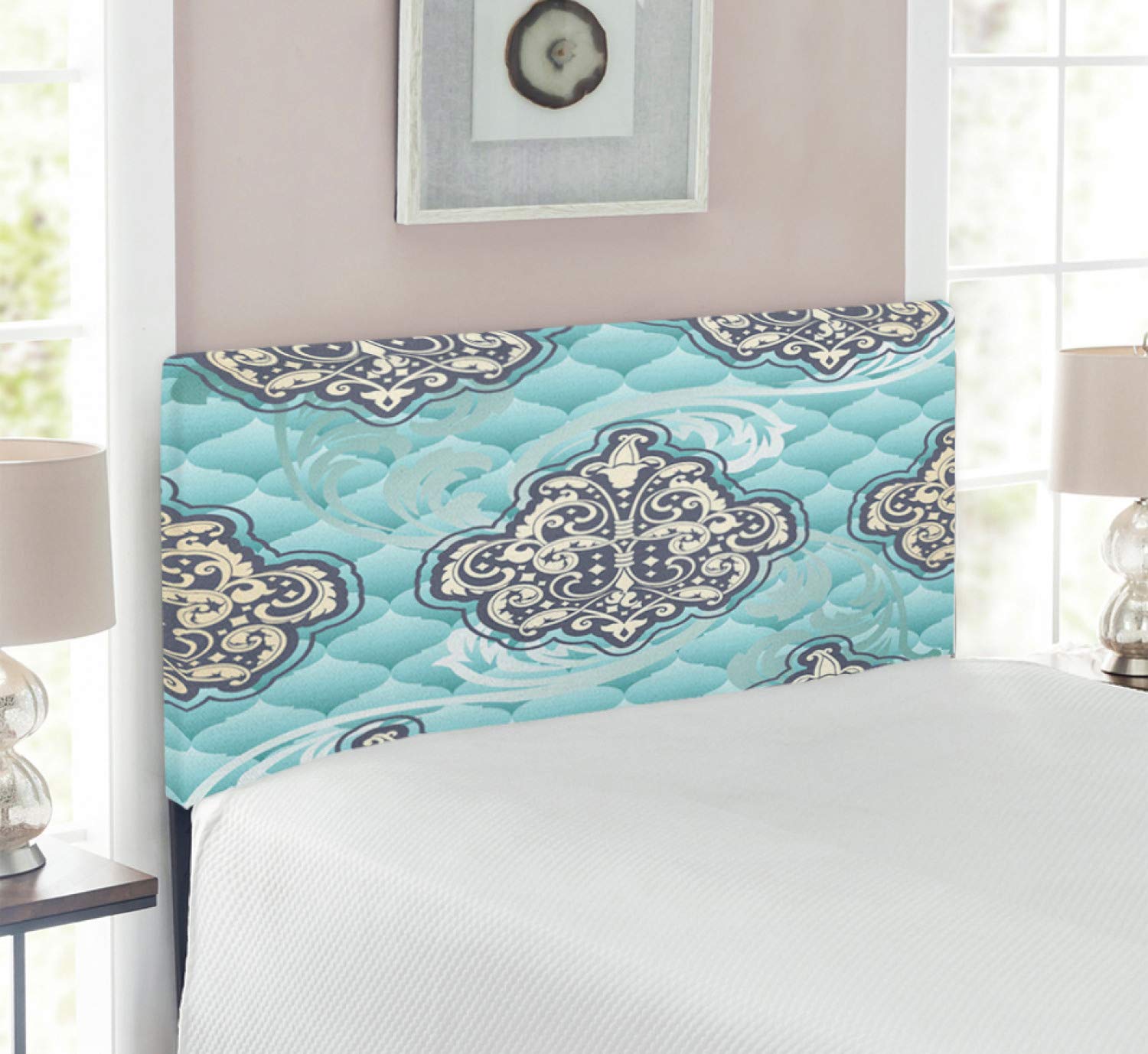 Ambesonne Victorian Upholstered Headboard - Rococo Style Design with Romantic Diamond Swirls, Decorative Metal Bed Frame with Memory Foam Padding, Twin Size in Pale Blue & Ivory | Perfect for Master Bedrooms, Guest Rooms & Victorian-Themed Decor