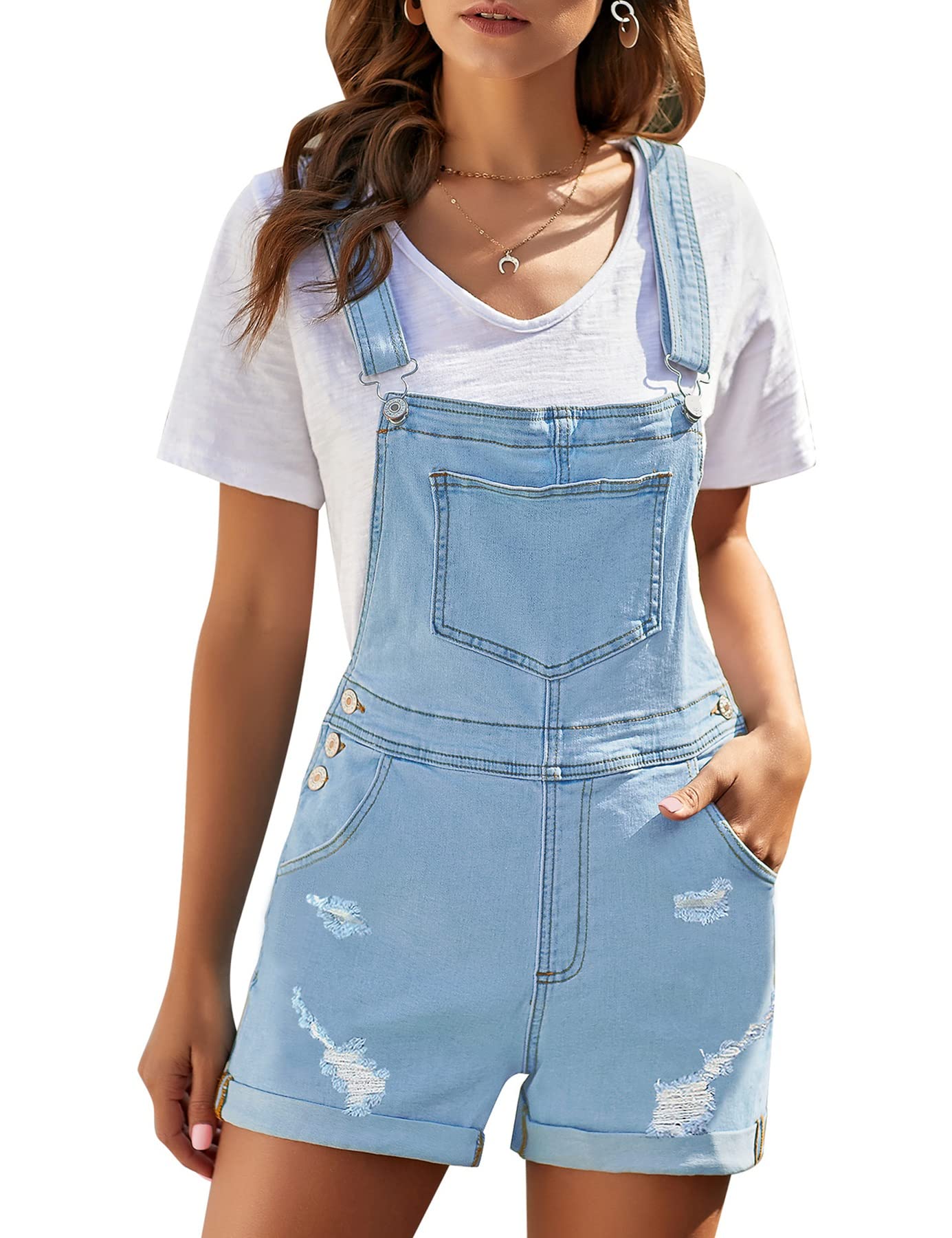 GRAPENT Women's Ripped Denim Shortalls - Adjustable Straps Bib Overalls Jean Shorts for Summer, Casual Wear, Music Festivals & Outdoor Activities