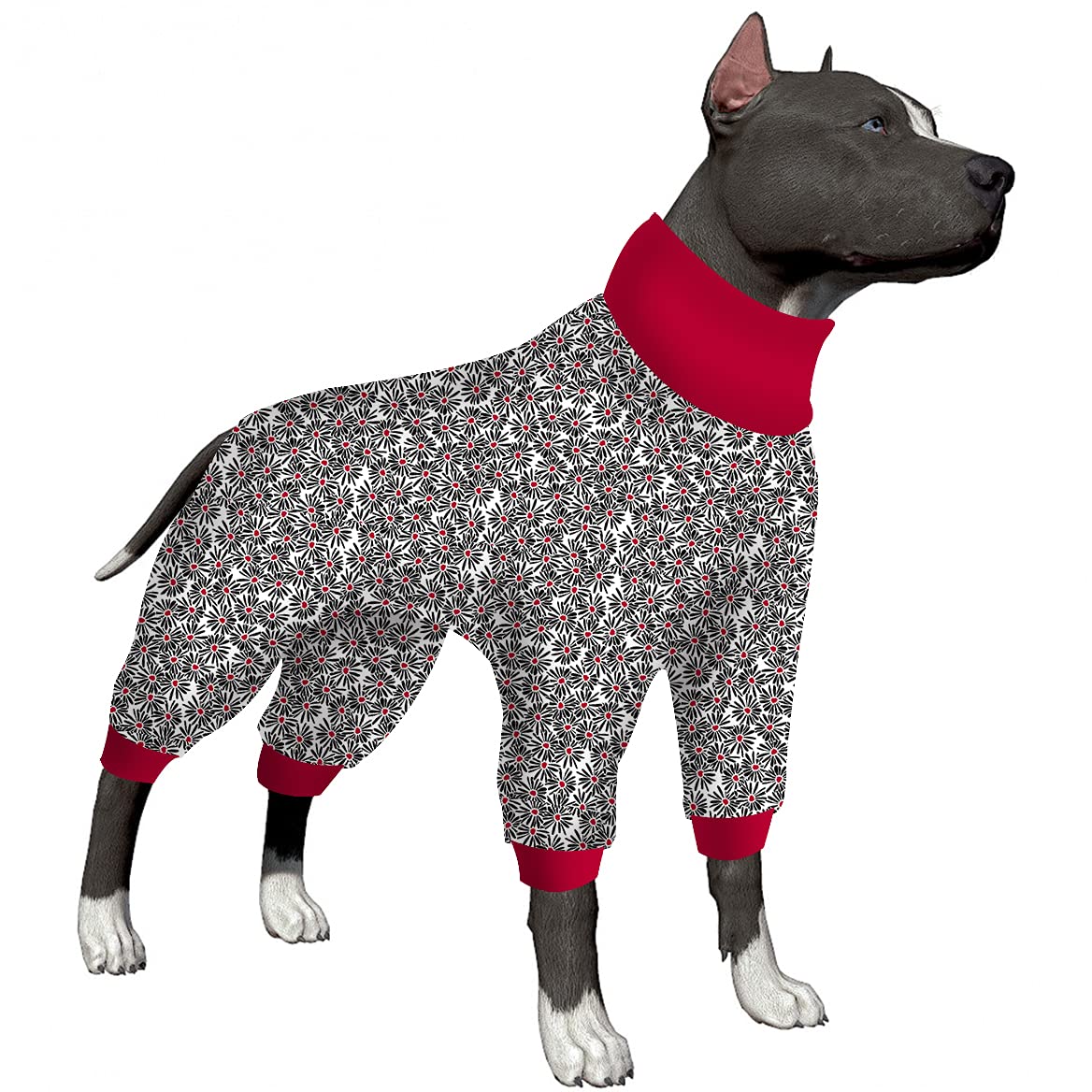LovinPet Pitbull Pajamas for Dogs - UV Protection & Anxiety Relief Onesie, Breathable Stretchable Fabric with Button Closure, Pink/Multi Prints Dog Pajamas - All Season Wear, Perfect for Surgery Recovery & Comfort at Home