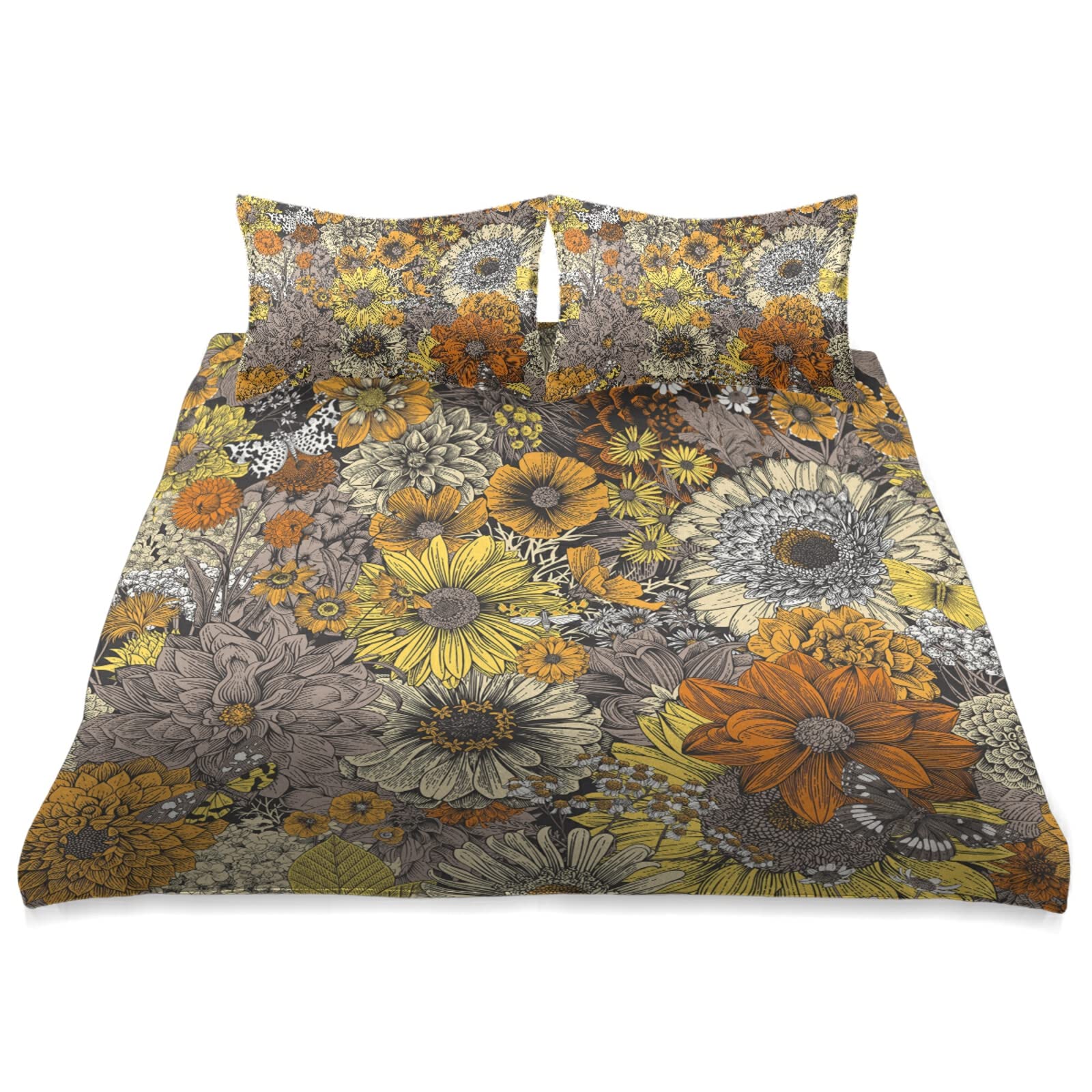 Vintage 70s Floral Bedding Set - King Size Gray & Yellow Microfiber Comforter Duvet Cover with Pillowcases | 3-Piece Boho Bedspread for Autumn Decor & Cozy Bedroom Upgrade