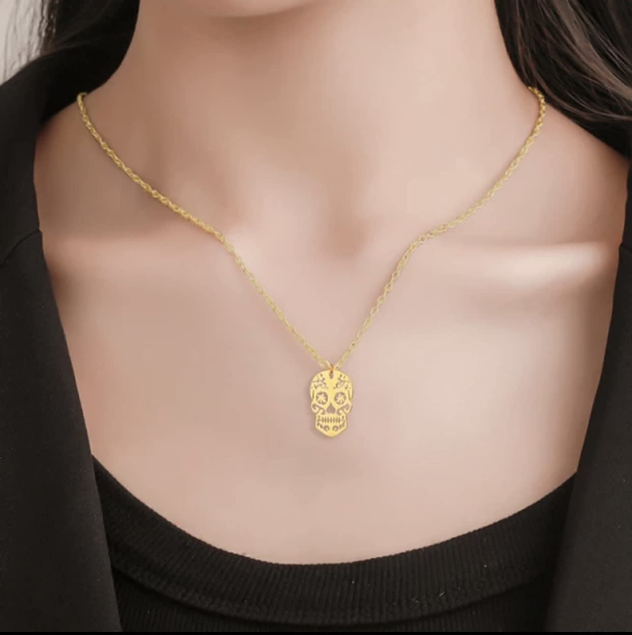 8K/14K Solid Gold Sugar Skull Necklace - Elegant Silver Sugar Skull Pendant for Men & Women - Unique Birthday, Christmas & Halloween Jewelry Gift - Perfect for Parties, Costume Events & Everyday Wear