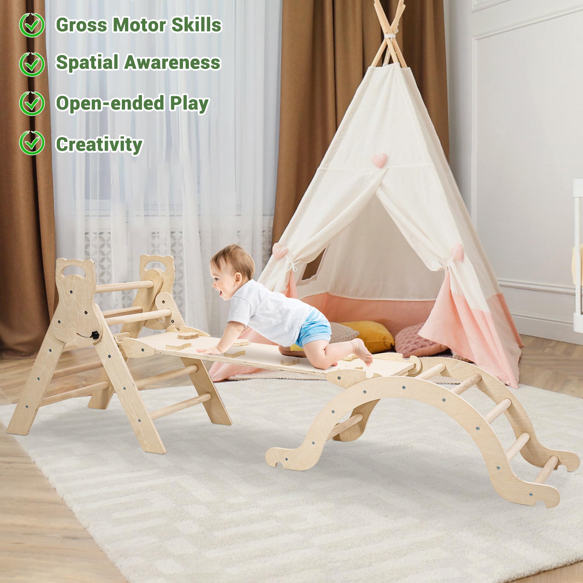 Pikler Triangle Set with Cushion - Natural Wood Toddler Climber & Montessori Climbing Toys for Kids 1-5 Years | Indoor Play Gym for Toddlers, Safe Developmental Activity for Home, Daycare or Preschool