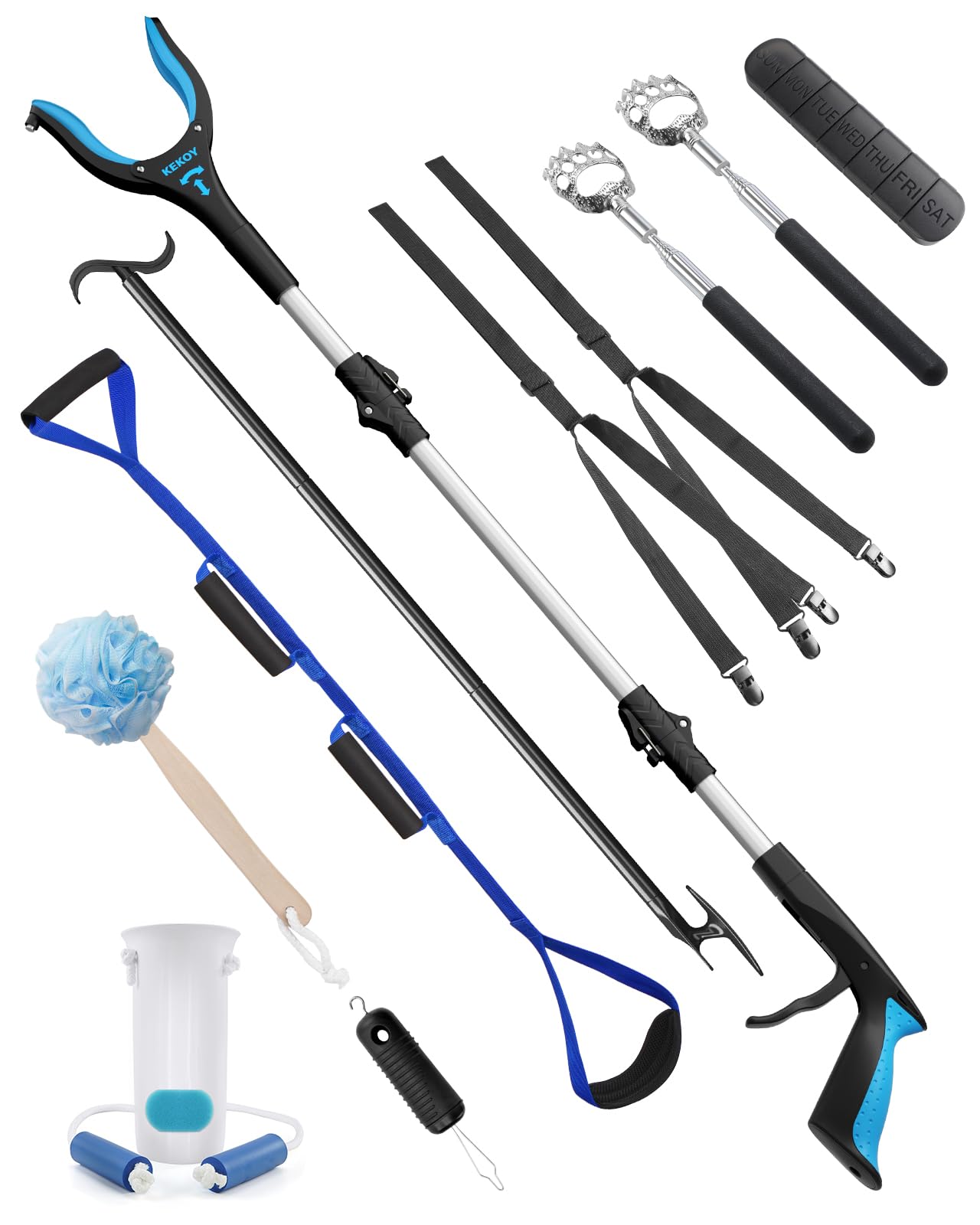 10 in 1 Hip Replacement Kit for Seniors - Post Surgery Recovery Aid with Grabber Reacher, Sock Aid, Leg Lifter, Pill Organizer, Button Hook, Shoehorn, Dressing Stick, Back Scratcher & Bath Accessories - Essential Mobility Assistance for Daily Living After Hip Surgery