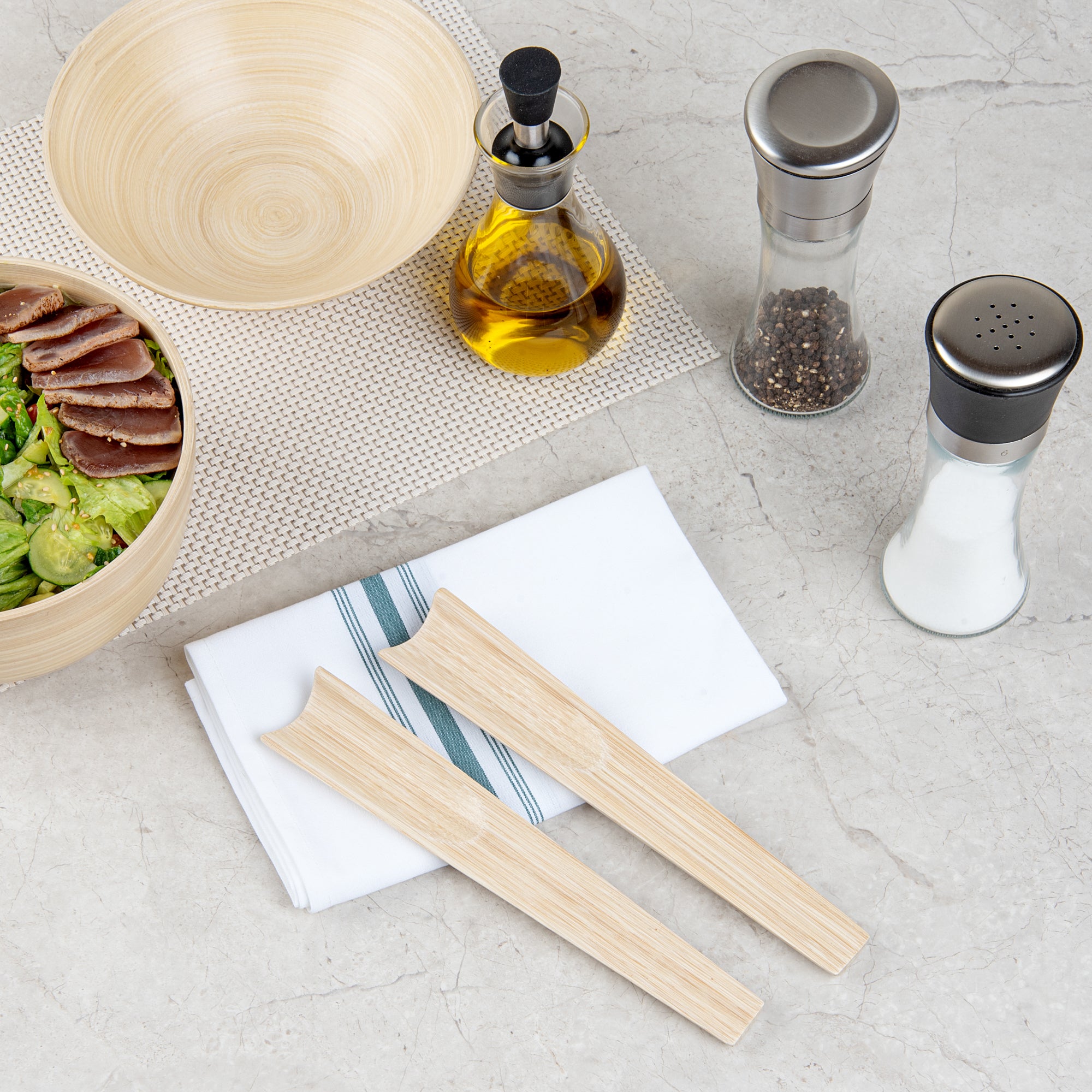 Bambuddha Natural Spun Bamboo Salad Servers Set - 2 Piece Eco-Friendly Utensils (9.75
