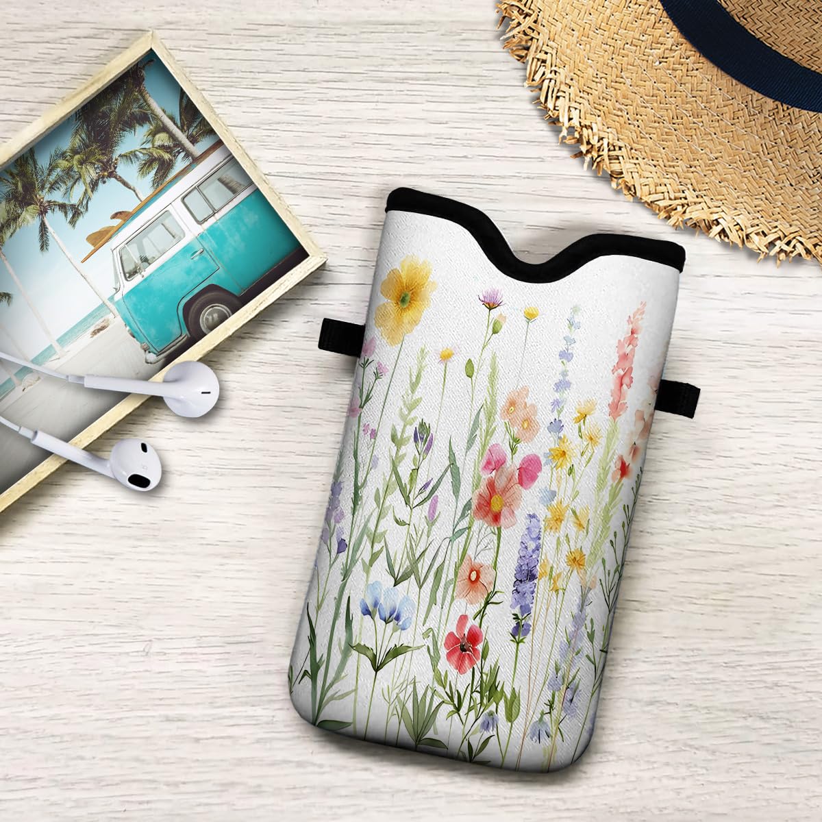 Waterproof Neoprene Cell Phone Pouch 7.5 X 4.3 Inch - Durable Cloth Mobile Protection Case with Adjustable Crossbody Strap & Neck Lanyard - Colorful Floral Pattern Phone Case for iPhone Samsung - Perfect for Hiking, Travel & Everyday Use