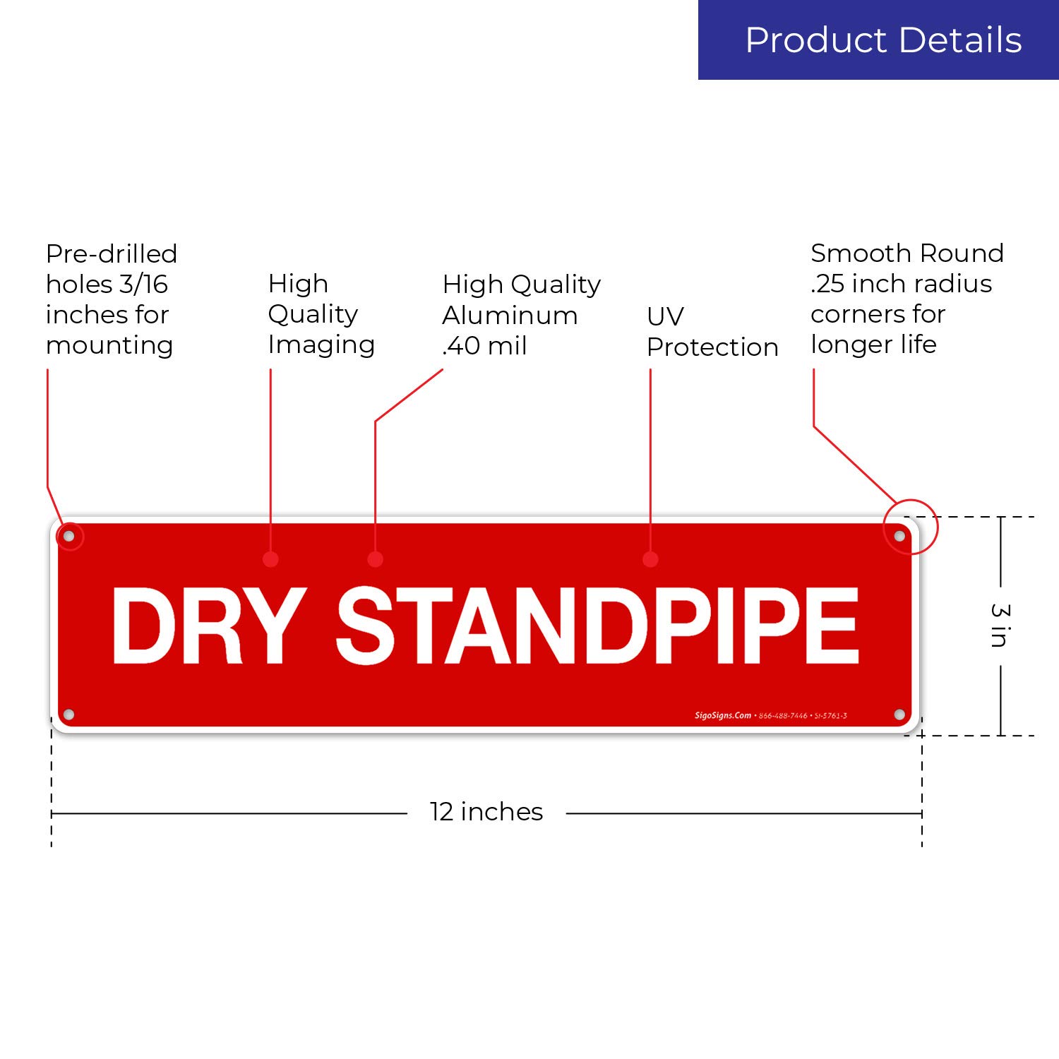 Fire Safety Dry Standpipe Sign - 3x12 Inches Rust-Free .040 Aluminum, Fade Resistant for Indoor/Outdoor Use - Made in USA | Ideal for Commercial Buildings, Warehouses & Fire Safety Compliance