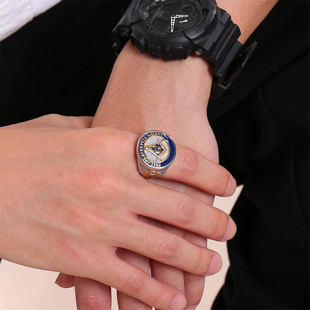 **Men's Masonic Ring - Stainless Steel Freemason Symbol Signet Ring in Silver, Gold & Blue - Free and Accepted Masons Band for Brotherhood & Formal Occasions**