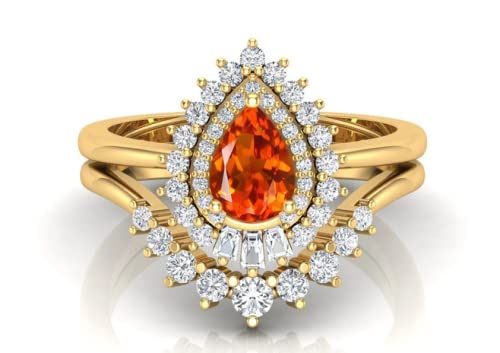 AAA Natural Citrine Vintage Art Deco Wedding Ring Set - Pear Cut Moissanite Cathedral Ring with Double Halo, Elegant Jewelry Gift for Women, Brides & Anniversary - Perfect for Engagement, Wedding Ceremony & Special Occasions