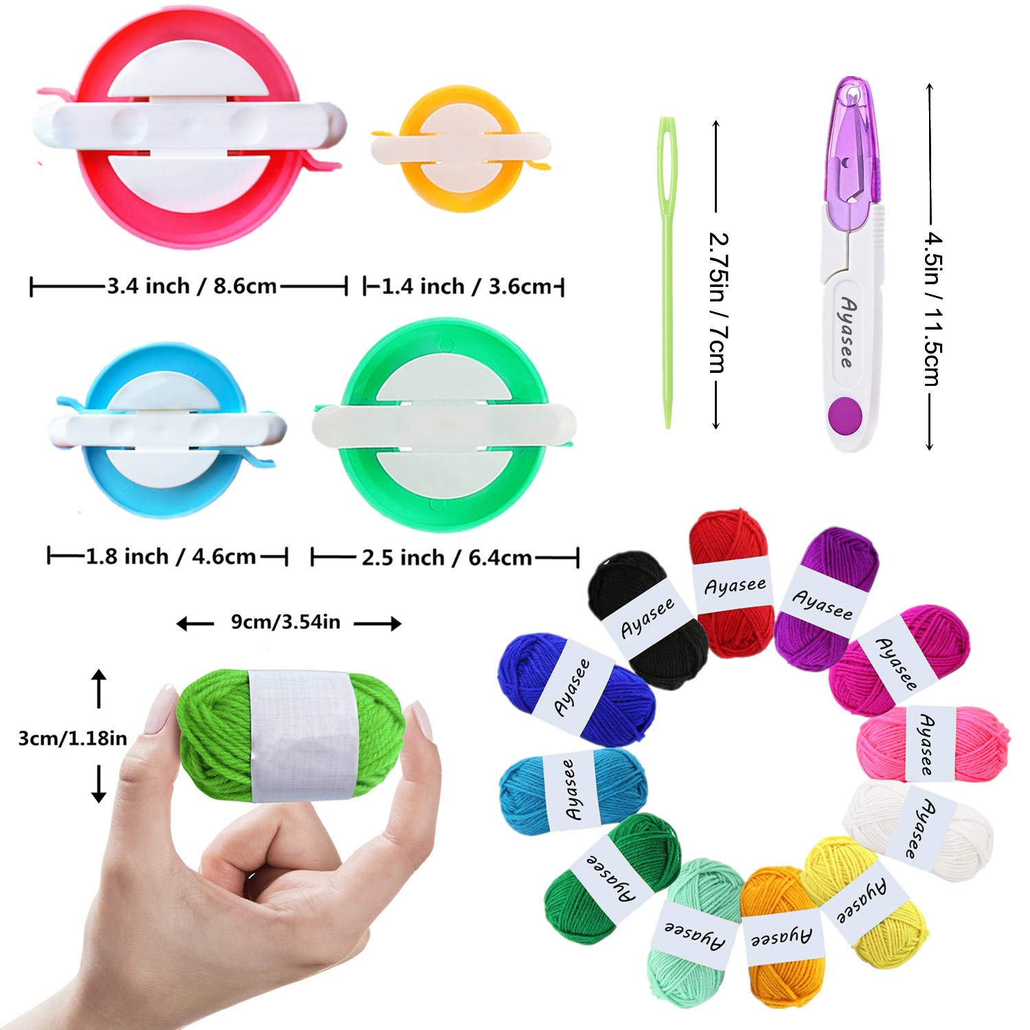 Pom Pom Maker Kit with 4 Pompom Makers, 12 Acrylic Yarn Skeins, 10 Knitting Stitch Markers, 10 Plastic Needles & Scissors - DIY Craft Supplies for Knitting, Crochet, Home Decor & Gift Making