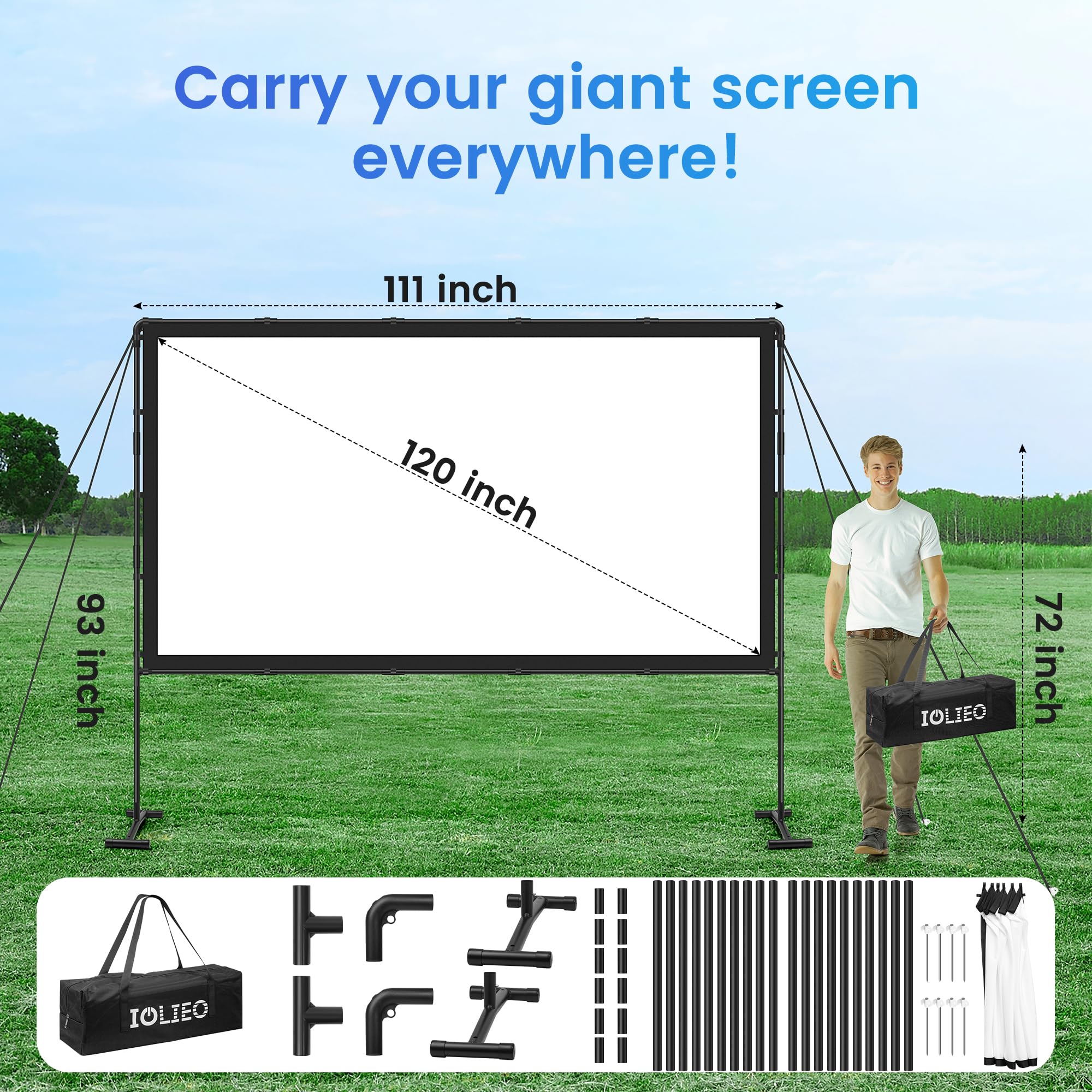 120 Inch Portable Projector Screen with Stand - 16:9 Retractable Outdoor/Indoor Projection Screen for Camping, Backyard Movies, Home Theater, Office Presentations & Classroom Use | Washable Foldable White Screen by IOLIEO