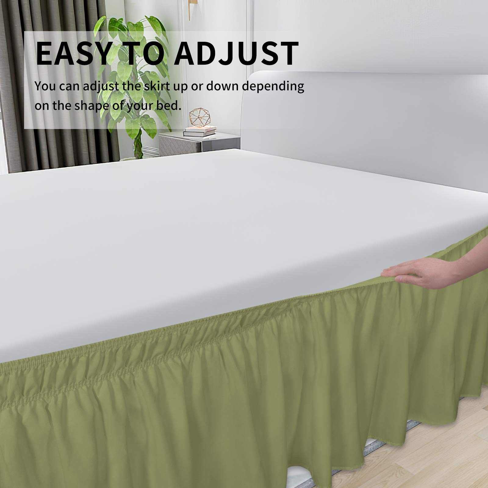 King Size Wrap Around Bed Skirt 16 Inch Drop - Light Green Elastic Dust Ruffle with Wrinkle & Fade Resistant Silky Fabric | Easy Fit, Machine Washable | Perfect for Master Bedroom Decor & Hotel Style Luxury