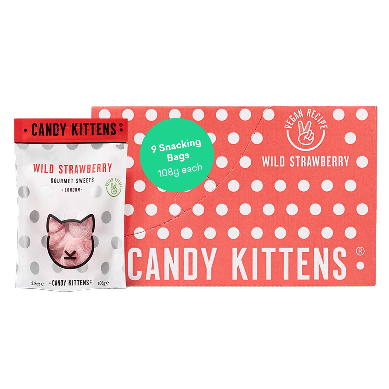 Candy Kittens Vegan Gummy Candy - Plant-Based, Gluten-Free, Natural Fruit Flavors - Wild Strawberry, 3.8oz (Pack of 9) | Healthy Snack for Kids, Parties & Movie Nights