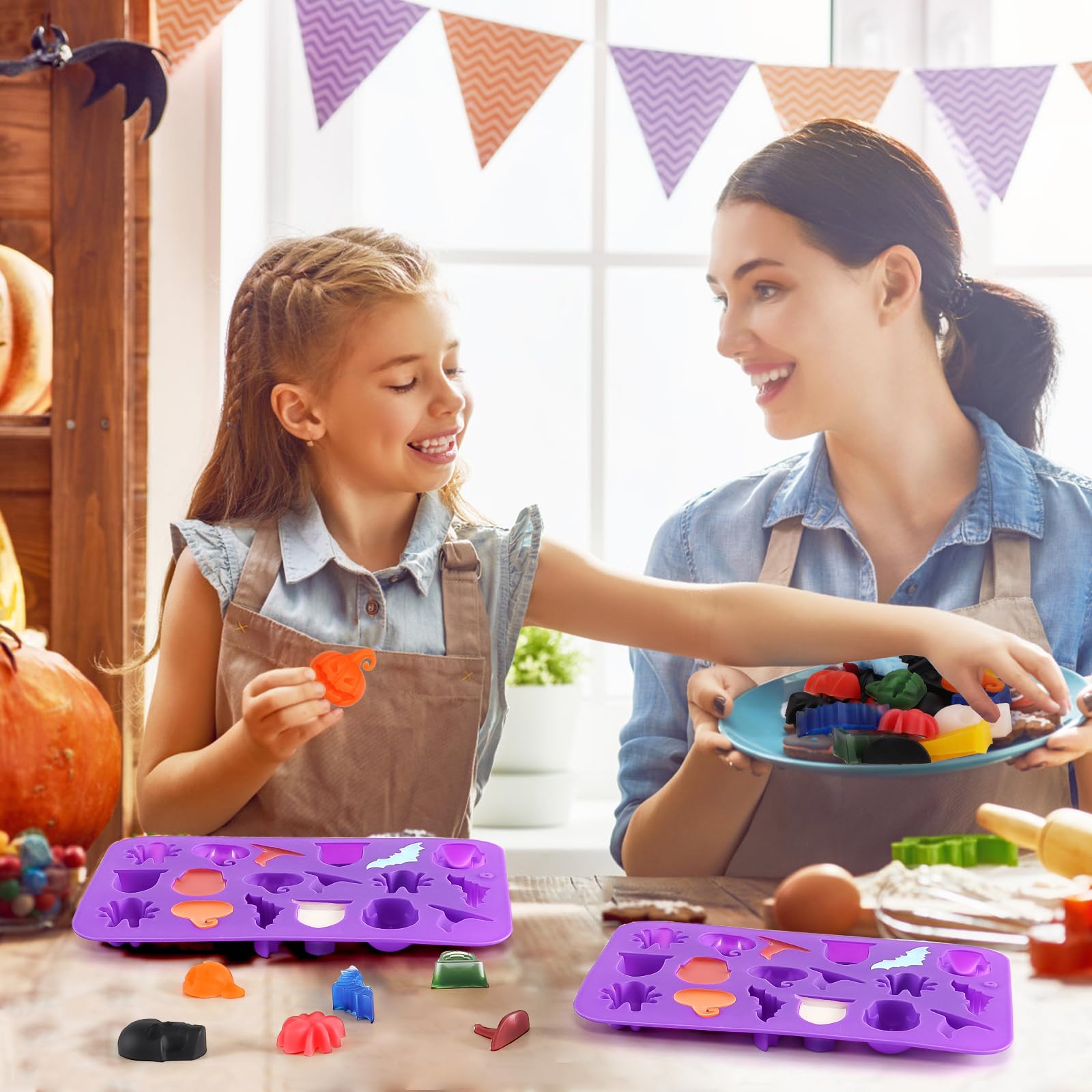 2 Pack Halloween Chocolate Candy Molds - 3D Silicone Mold for DIY Gummies, Jello, Ice Cubes, Jelly & Chocolate Decorations (Purple) | Perfect for Halloween Treats, Party Favors & Baking Supplies