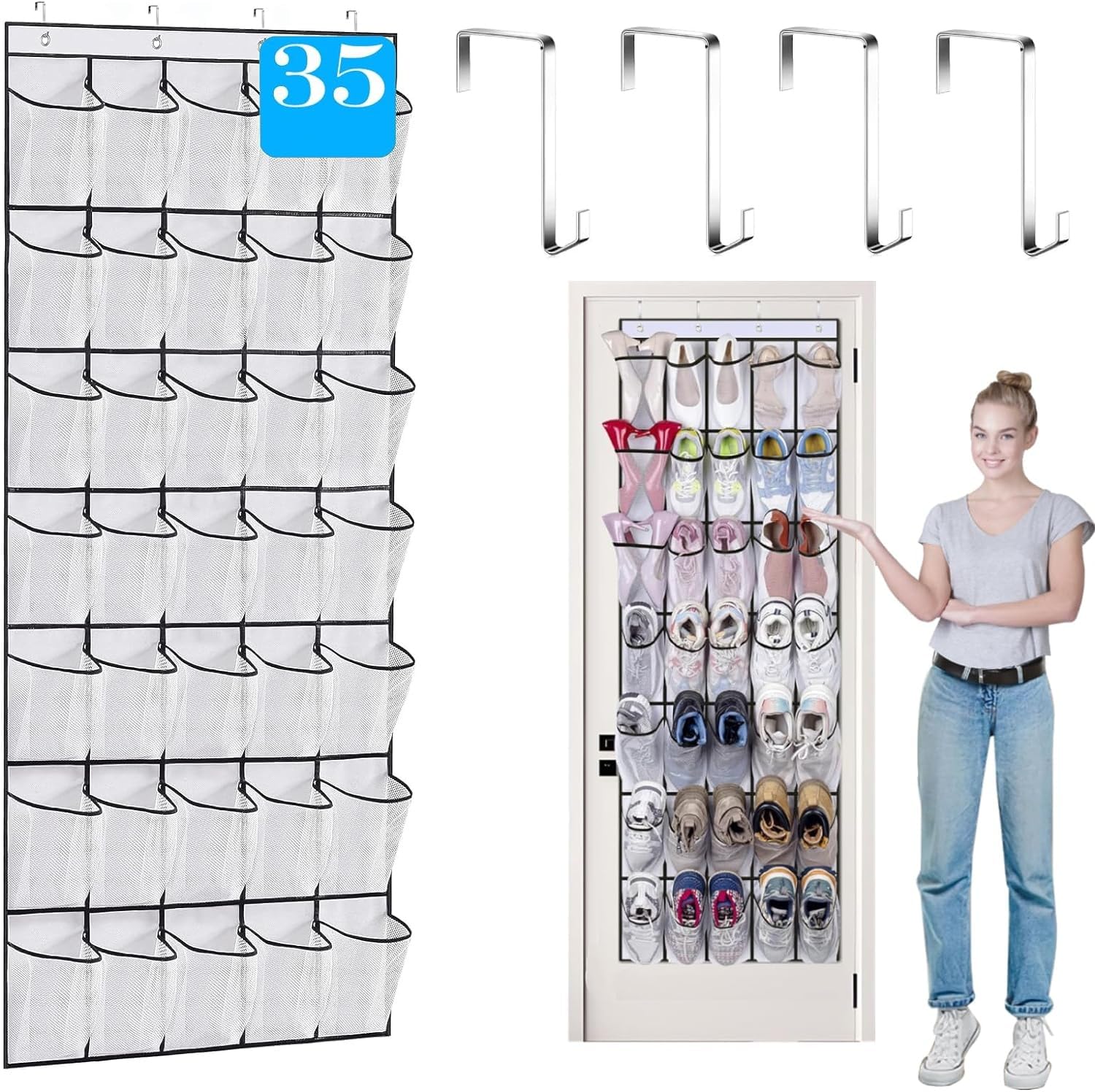 Over The Door Shoe Organizer with 35 Large Clear Mesh Pockets - Heavy Duty Hanging Storage for Closet, Wall, or Door - Perfect for Shoe Organization, Clothes Storage & Small Accessories - Ideal for Bedrooms, Dorms & Entryways