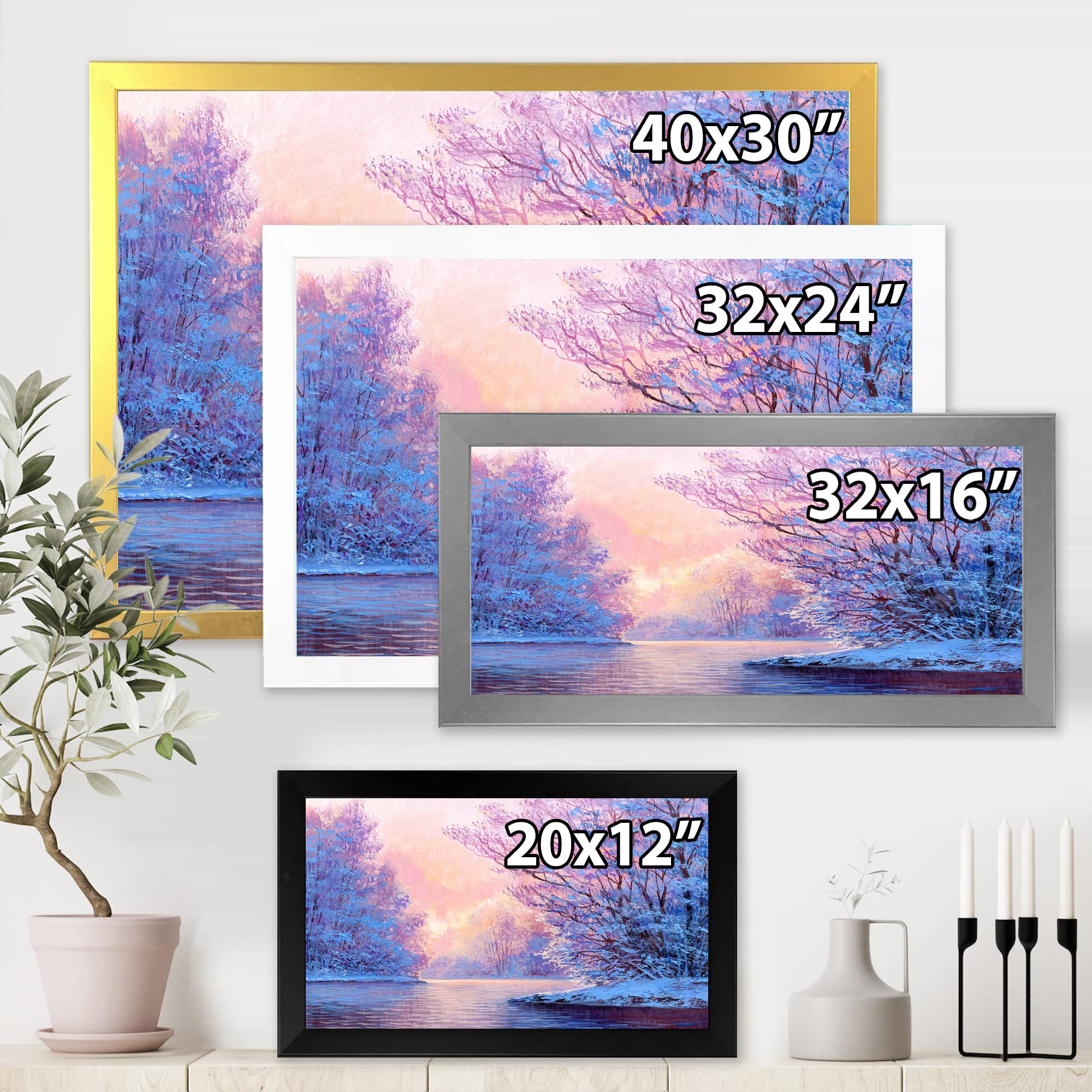 Winter Landscape With The River - Original Lake House Framed Wall Art Painting - Perfect for Living Room, Bedroom & Office Decor