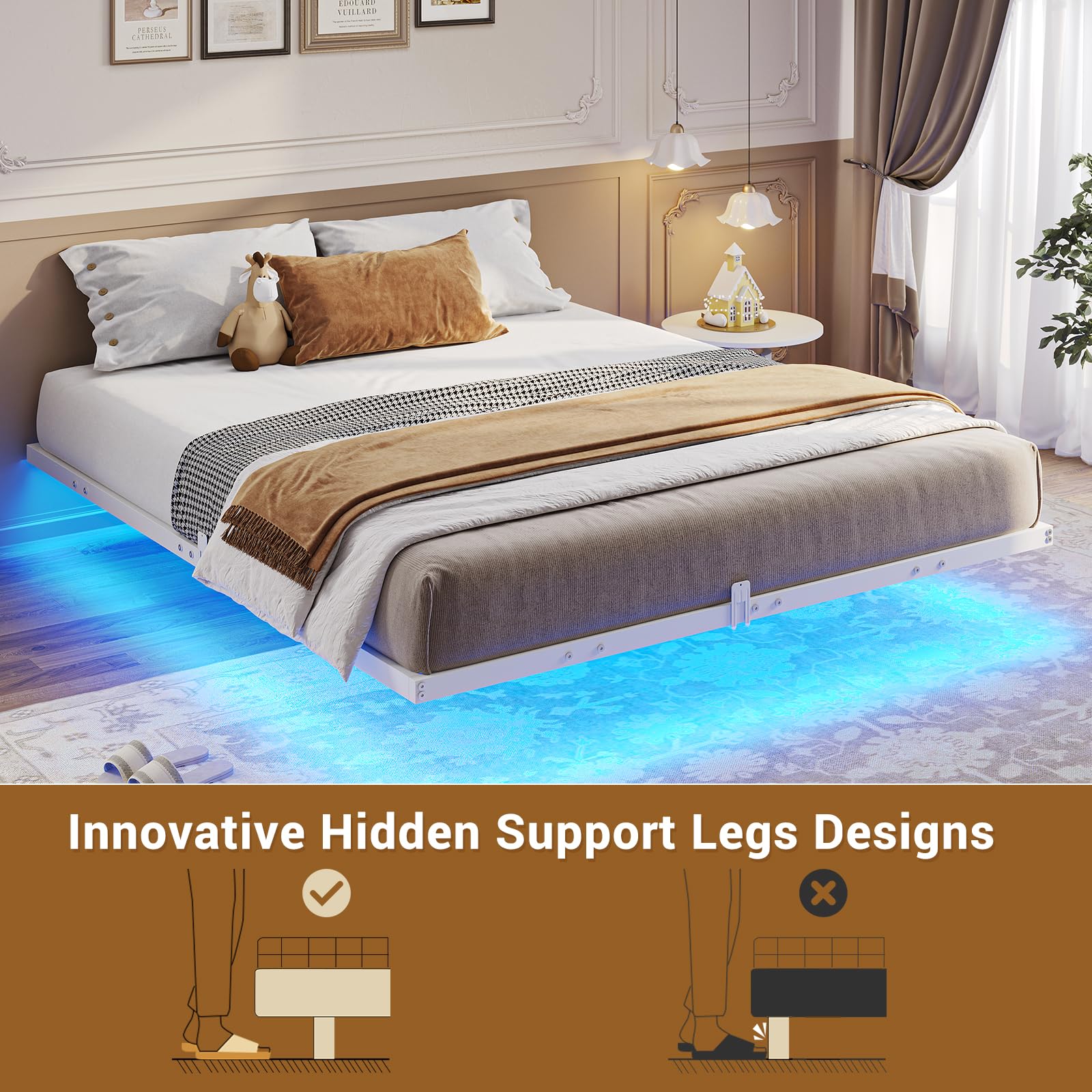 Hasuit Floating Queen Bed Frame with LED Lights - Metal Platform Bed, No Box Spring Needed, Easy Assembly - Perfect for Modern Bedrooms, Guest Rooms & Small Spaces