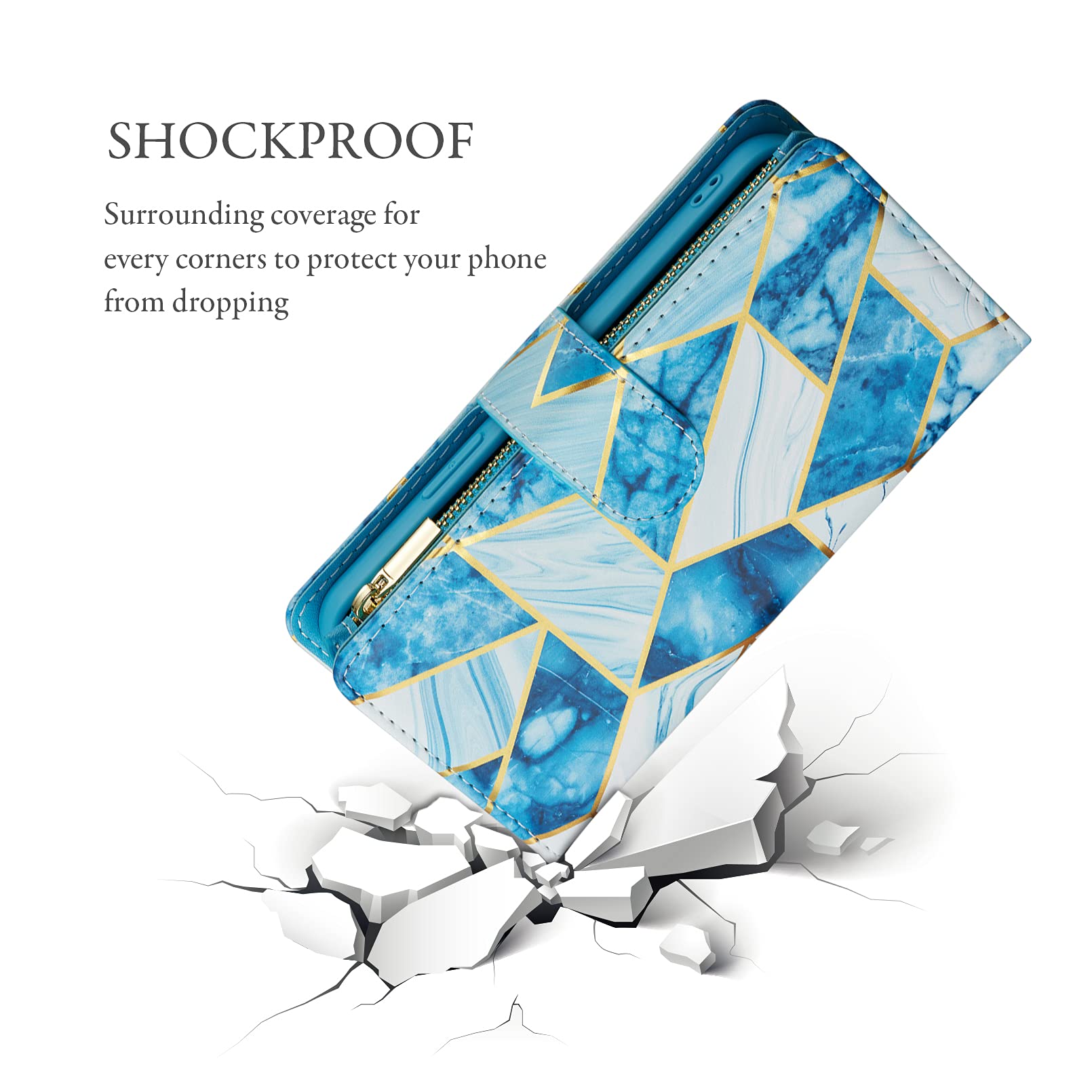 Premium PU Leather Wallet Case for iPhone 12 Pro Max - Magnetic Closure, Zipper Pocket, Kickstand & Card Slots with Hand Strap | Stylish Marble Blue Flip Phone Case for Women | Perfect for Work, Travel & Everyday Use