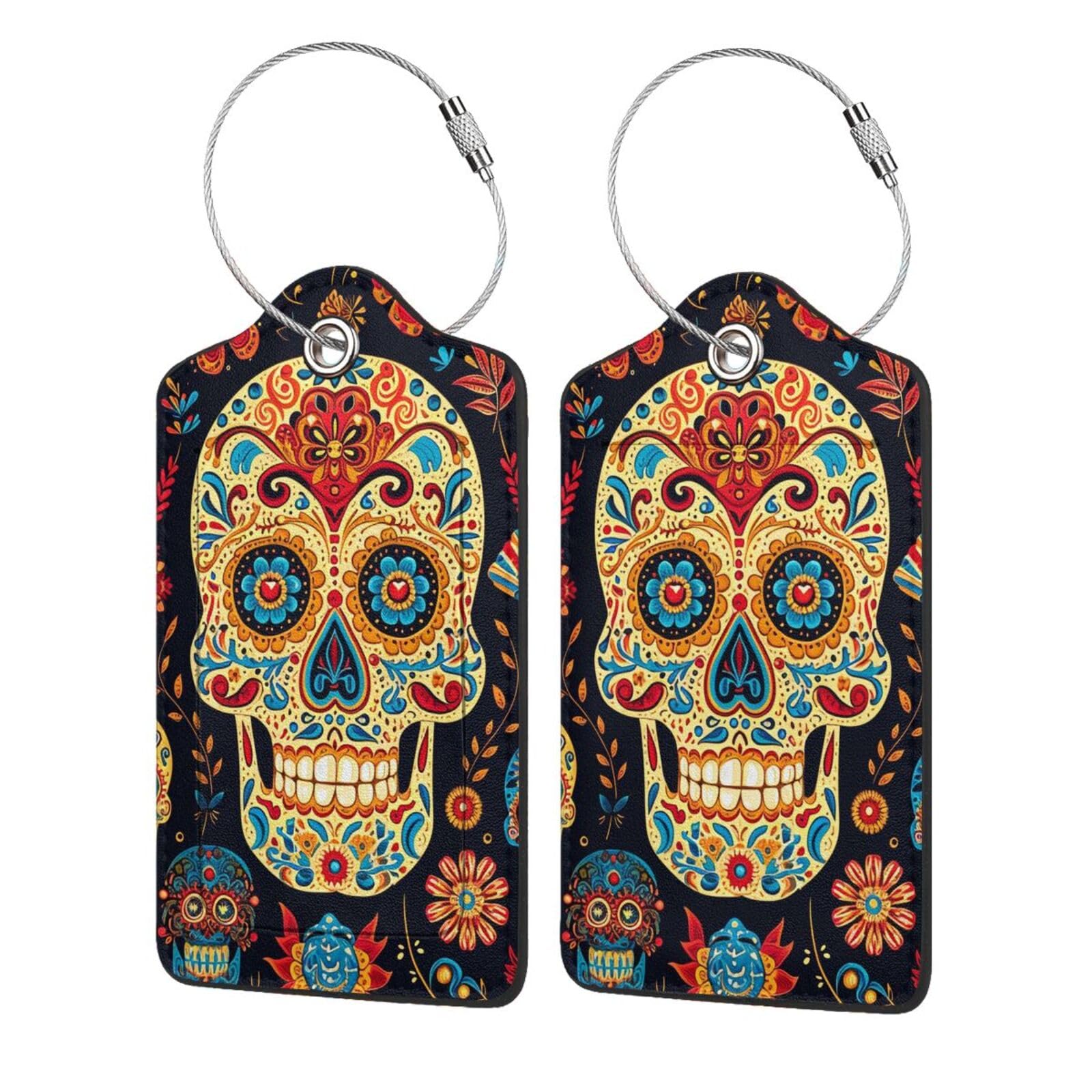 Colorful Sugar Skull Luggage Tags - 2 Pack Leather Suitcase Tags with Stainless Steel Loops for Travel Bags - Durable & Stylish Luggage Labels for Men, Women & Kids - Perfect for Airports, Vacations & Business Trips