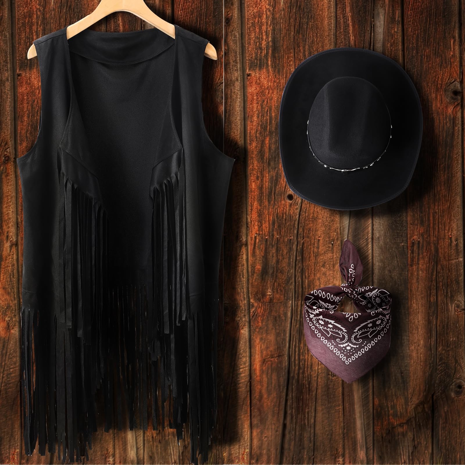 Western Outfits for Women - Cowgirl Tassel Sleeveless Vest, Cowboy Hat & Paisley Bandana Set | Rodeo, Halloween & Country Music Festival Costume