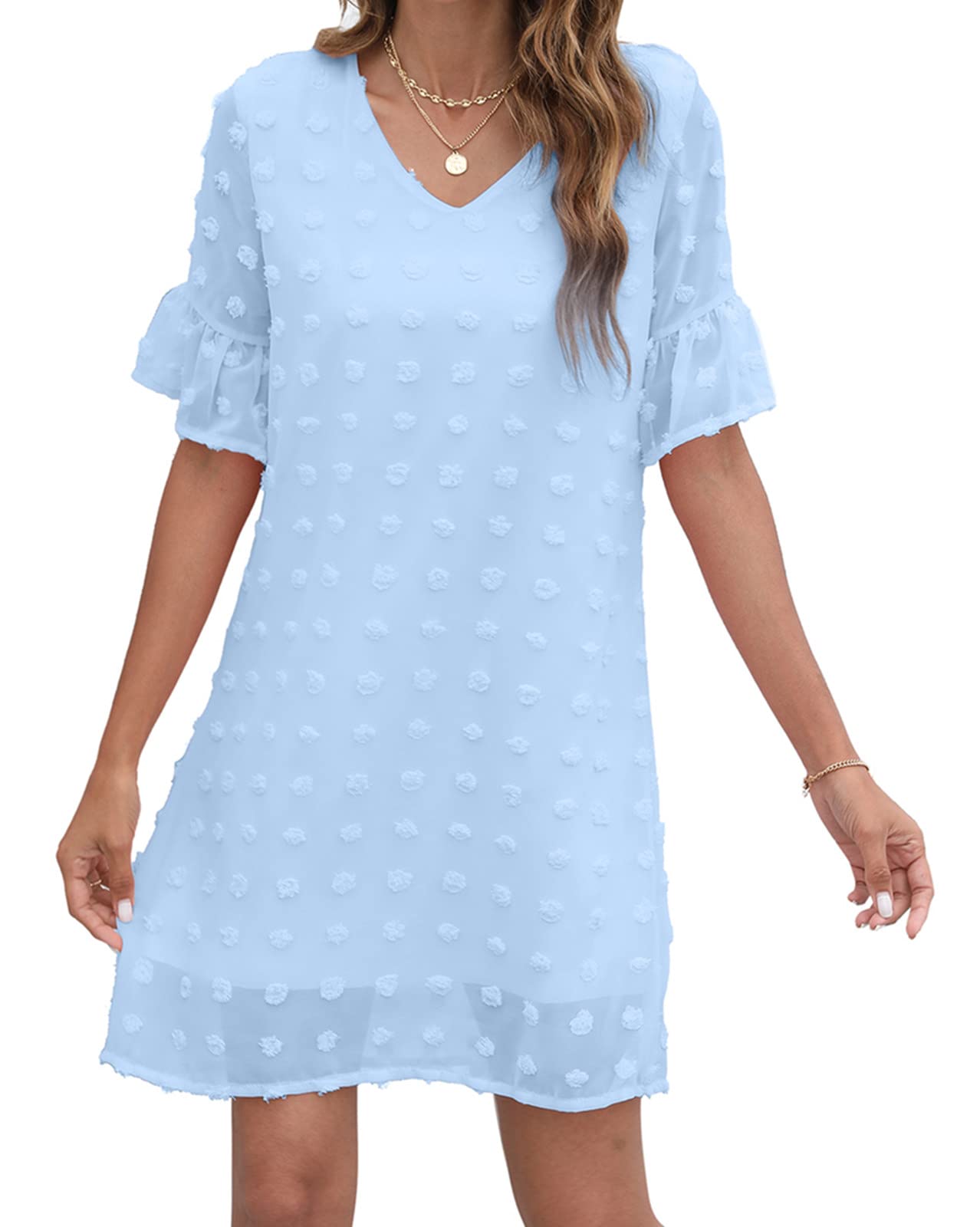 Elegant White Chiffon Sun Dress for Women - Sweet V-Neck Ruffle Short Sleeve Flowy Mini Dress | Perfect for Summer Outings, Beach Vacations & Casual Date Nights