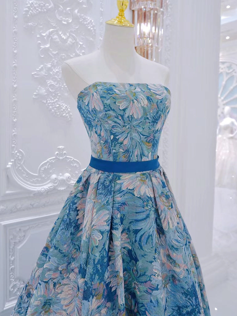 Elegant A-Line Floral Satin Blue Long Prom Dress for Women - Formal Evening Gown for Homecoming, Wedding Guest, and Special Occasions