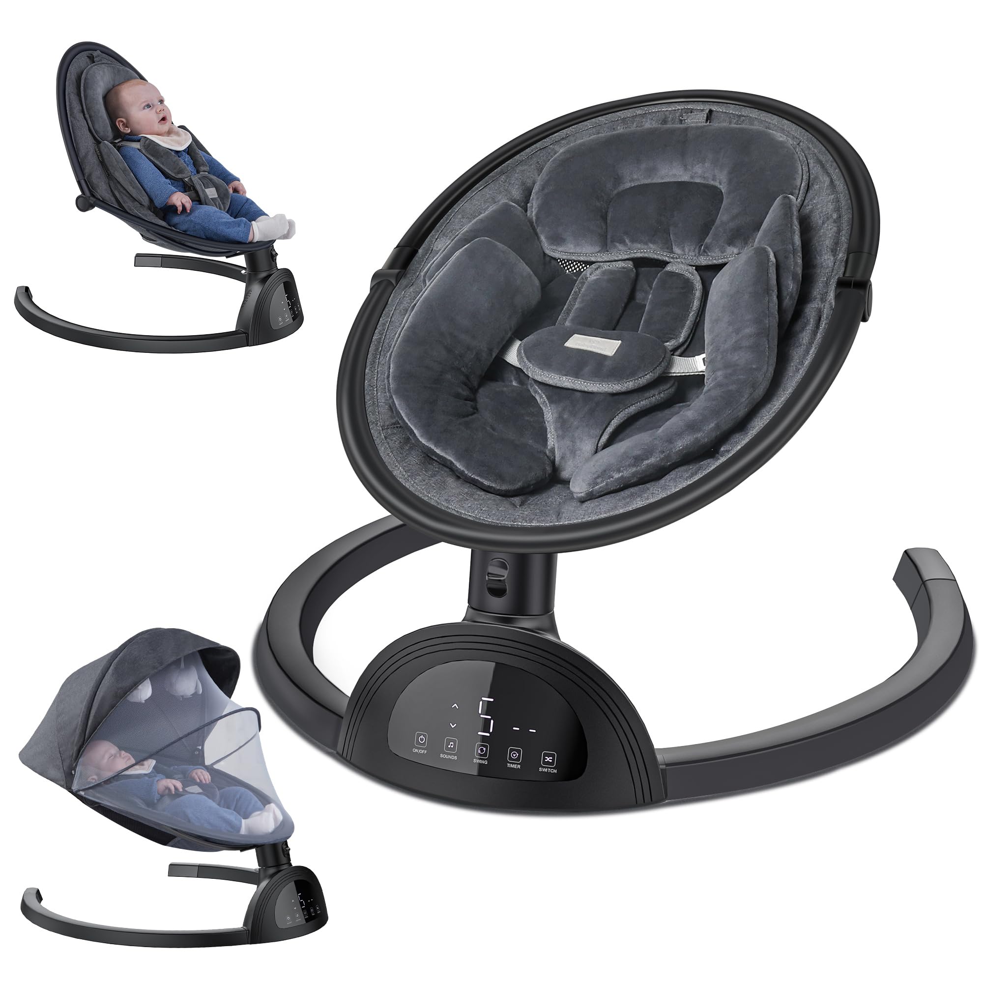 Baby Swing for Infants - Bluetooth Enabled Infant Swing with Music Speaker, 3 Adjustable Seat Positions, 5 Speed Settings & Remote Control - Portable Baby Rocker for Nursery, Travel, Indoor & Outdoor Use (Black)