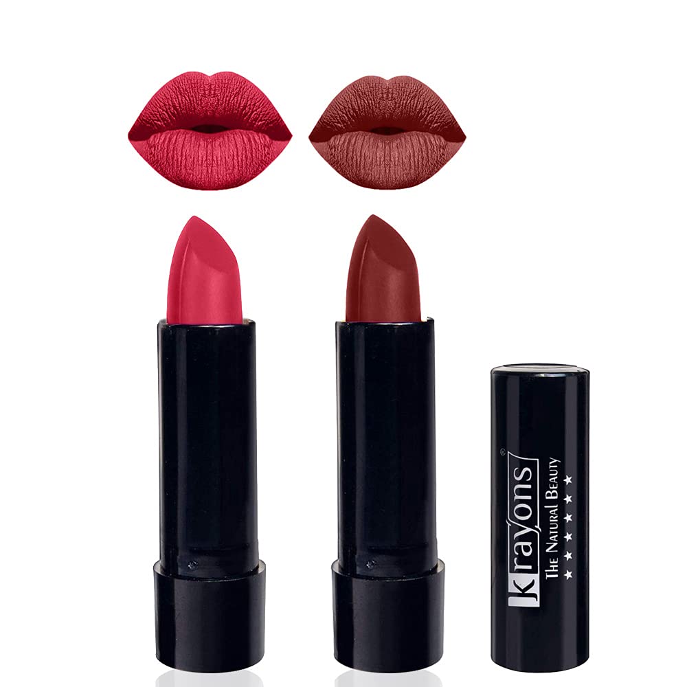 Krayons Cute Pop Matte Lipstick - Waterproof & Long Lasting, First Crush & Cherry Maroon Shades, 3.5g Each (Pack of 2) - Perfect for Date Night, Parties & Everyday Wear