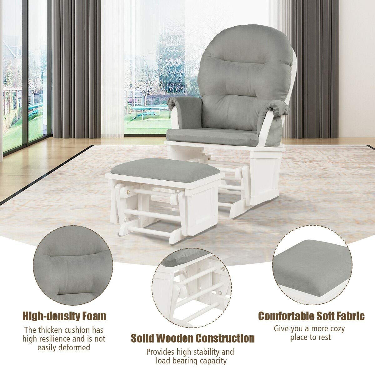 **Nursery Glider Chair with Ottoman - Light Gray Rocking Chair for Nursing, Feeding & Relaxing - Padded Armrests & Storage Pocket - Perfect for Baby Nurseries, Bedrooms & Living Rooms**