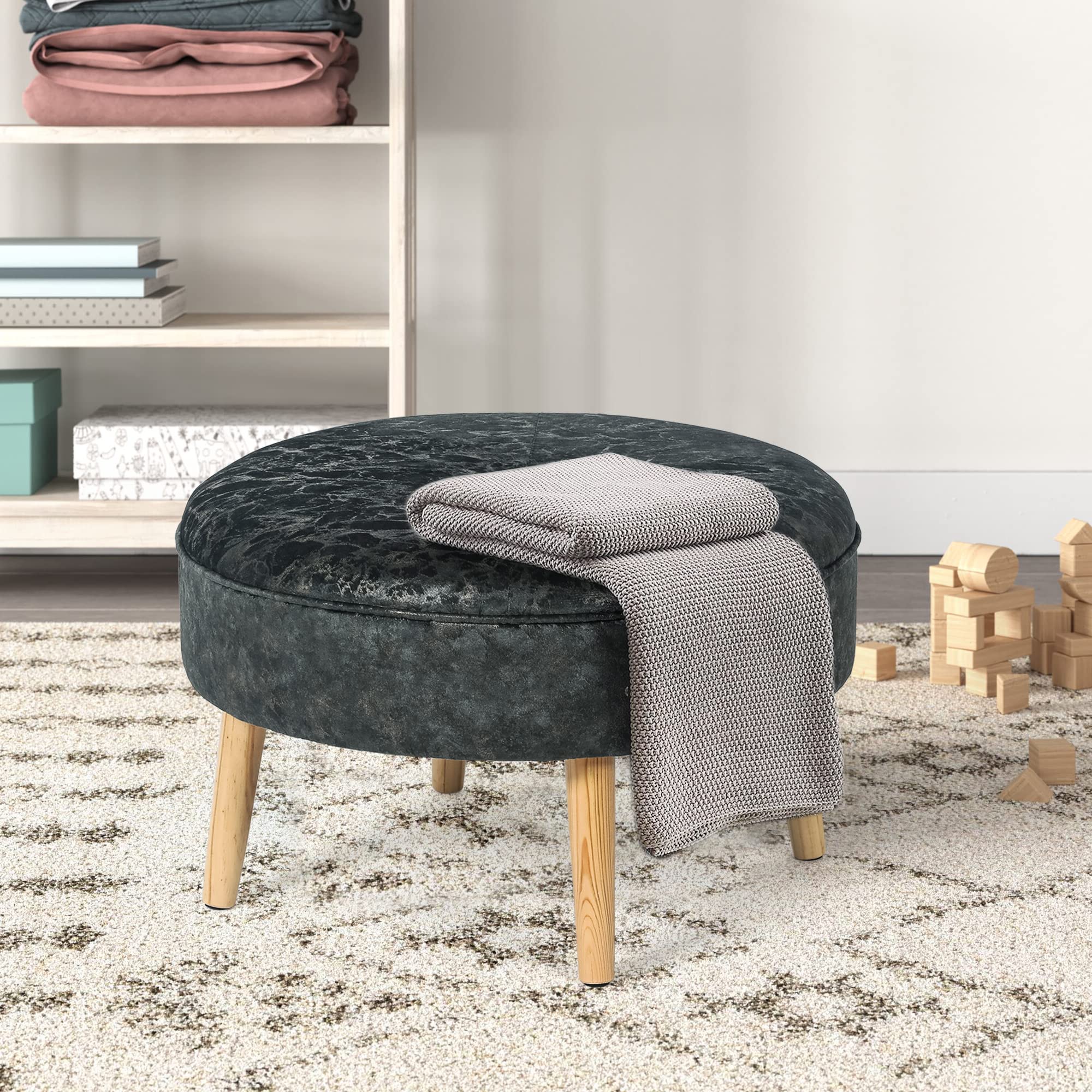 Adeco Round Small Velvet Ottoman - Button Tufted Footrest Stool with Wood Legs, Padded Seat for Living Room, Bedroom & Office - Modern Coffee Table Companion & Pet Step Stool (Grey-Gold) | Perfect for Relaxing, Reading & Home Decor