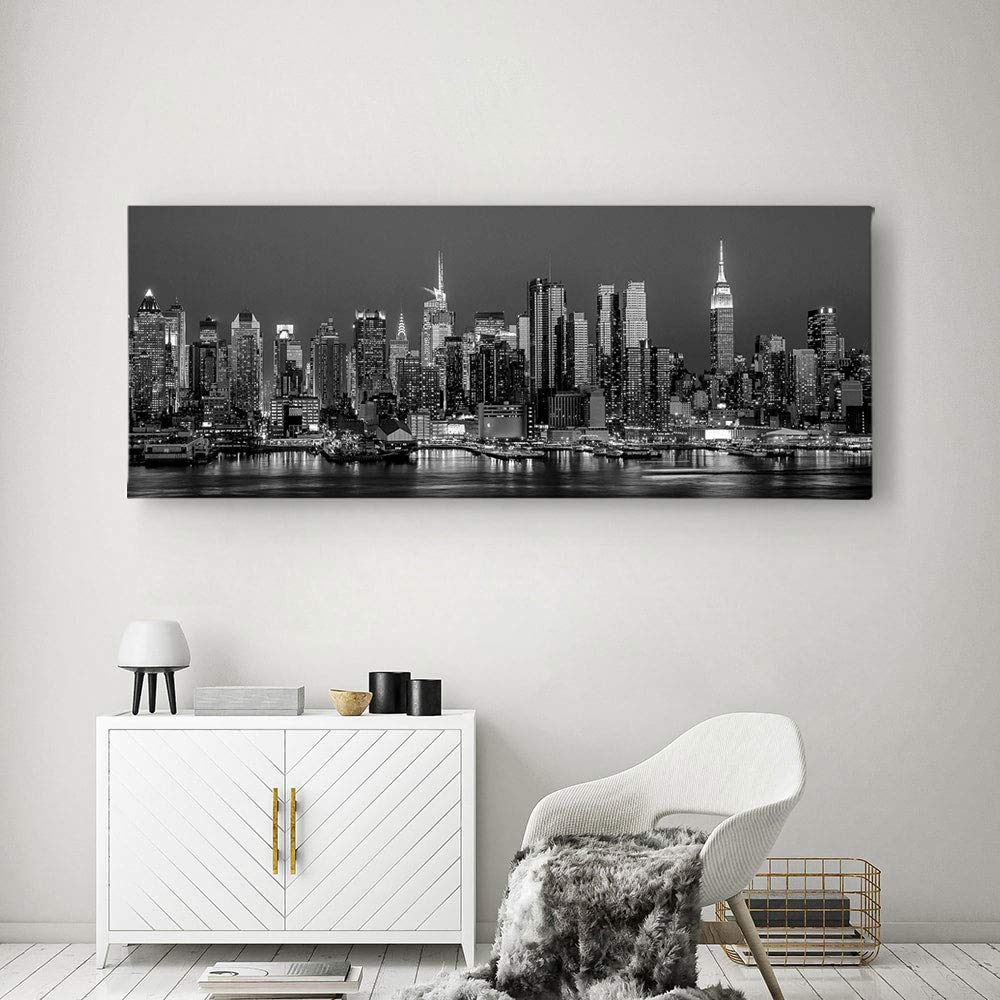 New York City Skyline Panoramic Canvas Wall Art - Black & White NYC Skyline Print, Office & Home Decor, Ready to Hang, Made in USA (45