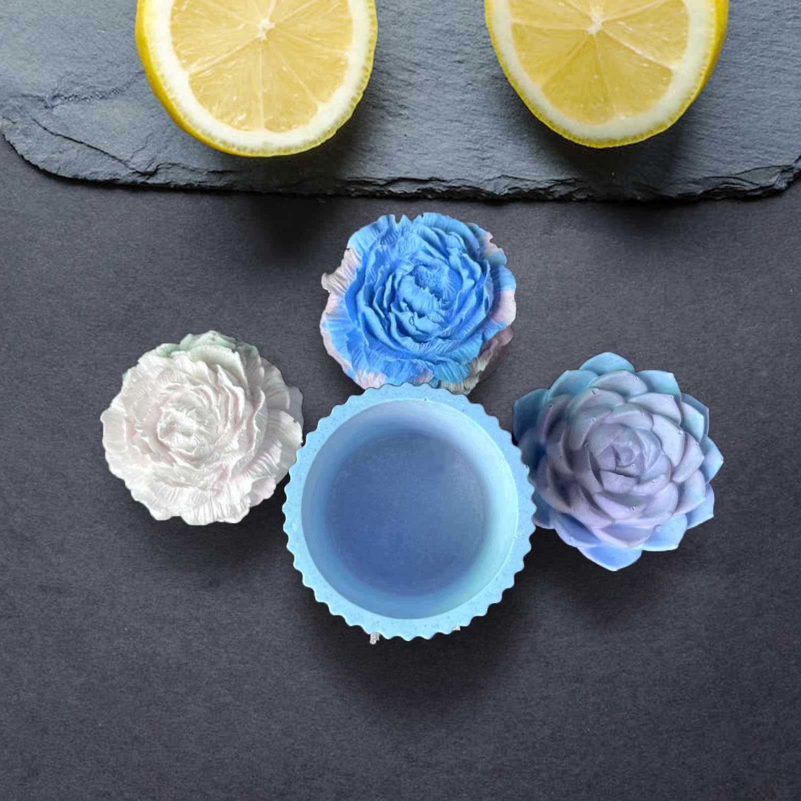 Succulent & Peony Flower Candle Soap Silicone Mold Set - Concrete Candle Molds for DIY Candle Making, Jar Lid Molds with Floral Designs - Perfect for Home Decor, Wedding Favors, and Handmade Gifts