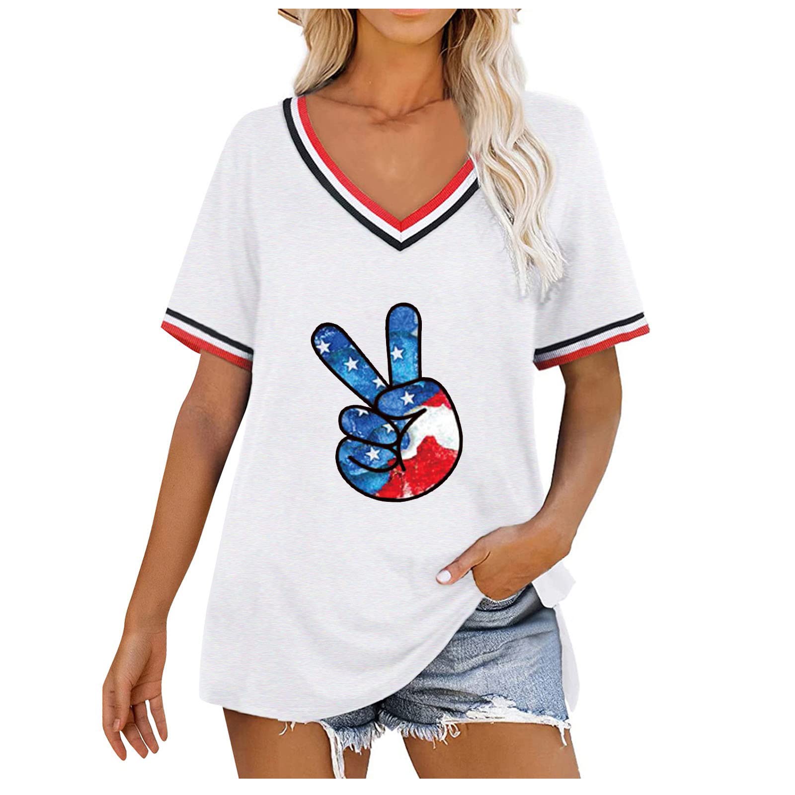 Ylioge Women's American Flag Printed Casual Short Sleeve V-Neck T-Shirt | Cute Summer Tops for Women | Perfect for 4th of July, Beach Outings & Patriotic Events